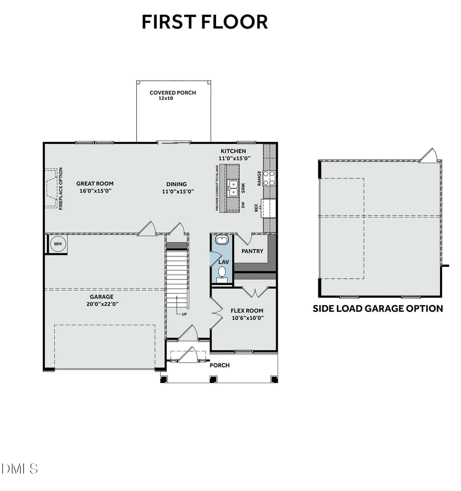 Floor plan of a first floor with labeled rooms: great room, dining, kitchen, pantry, flex room, bathroom, garage, covered porch, and porch. A side load garage option is shown on the right.