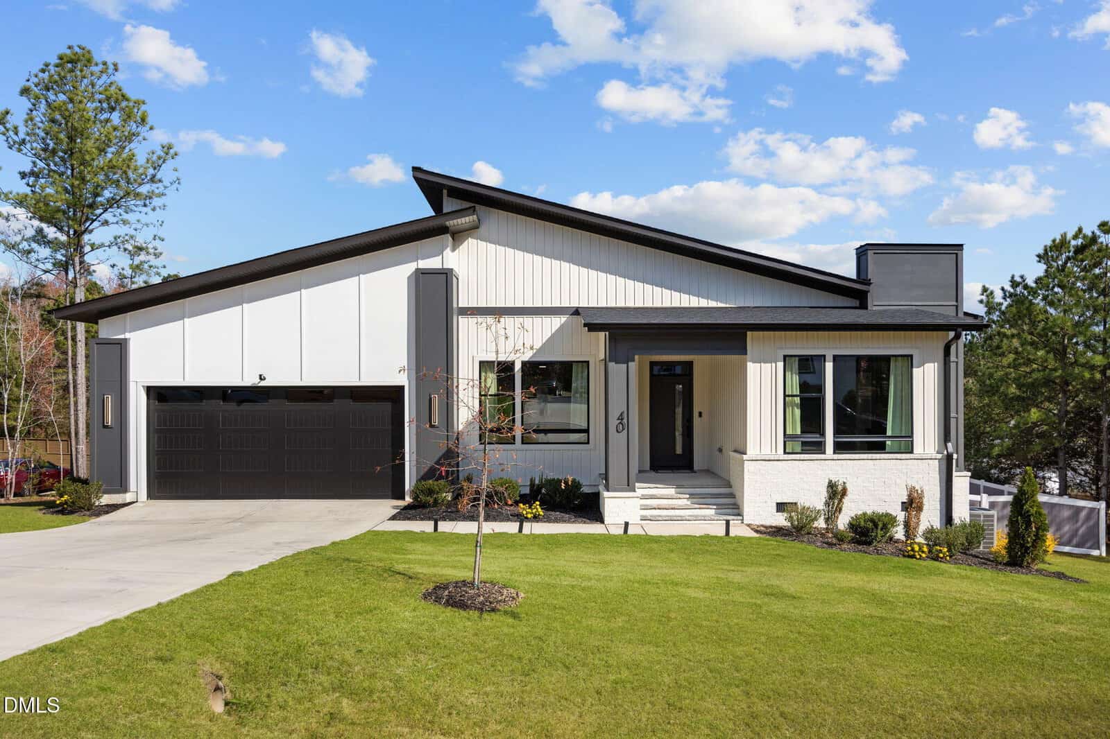 Modern single-story house with black and white exterior, large garage, well-kept lawn, young tree, and landscaped yard, set against a backdrop of tall trees and a blue sky with scattered clouds.