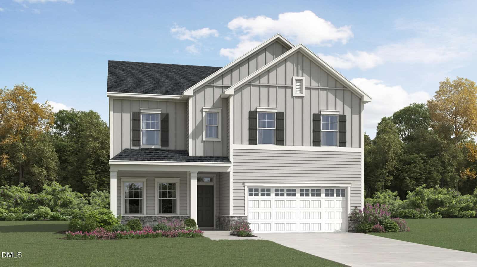 This two-story modern suburban house at 40 Turnberry Court, Franklinton, features gray vertical and horizontal siding, a dark shingle roof, double garage door, small front porch, and a spacious driveway. The yard is beautifully landscaped with lush green grass, bushes, and mature trees in the background.
