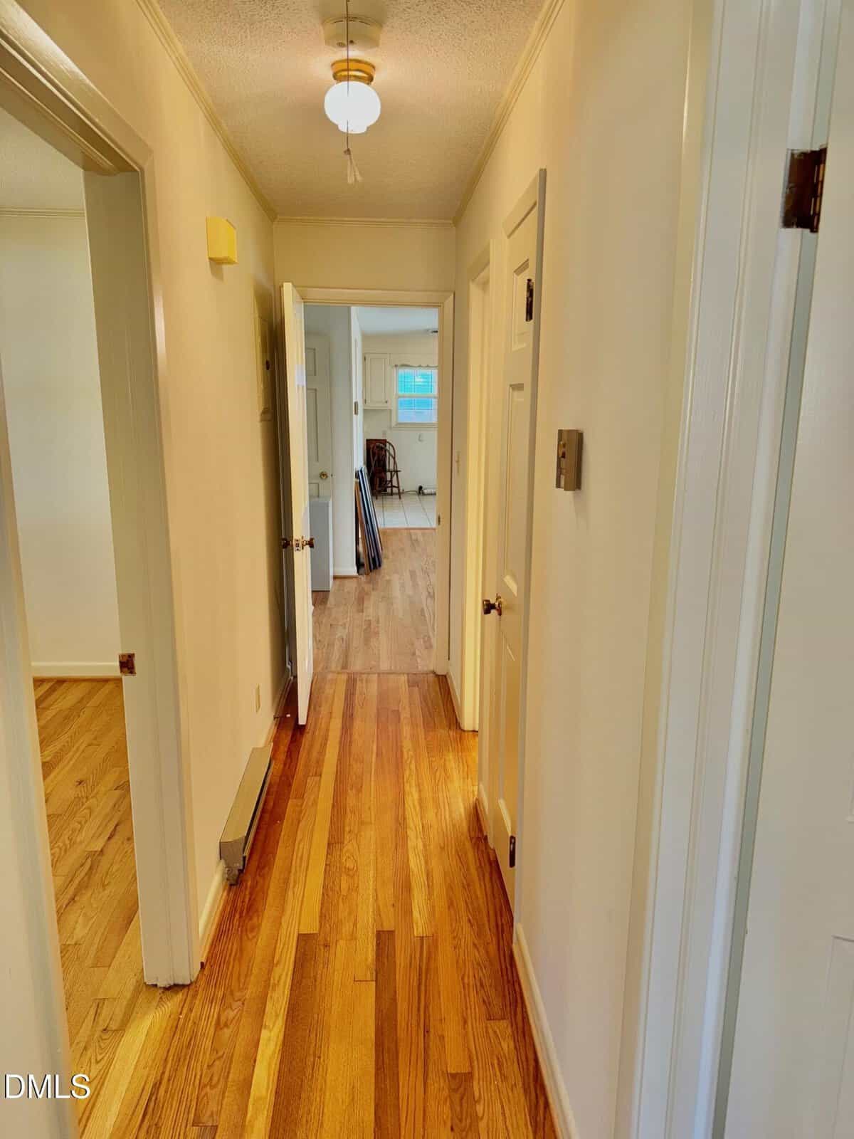 A hallway with wooden floors and white walls leads to a bright room with large windows. Several doors open off the hall; light fixtures are on the ceiling, and natural light fills the space.