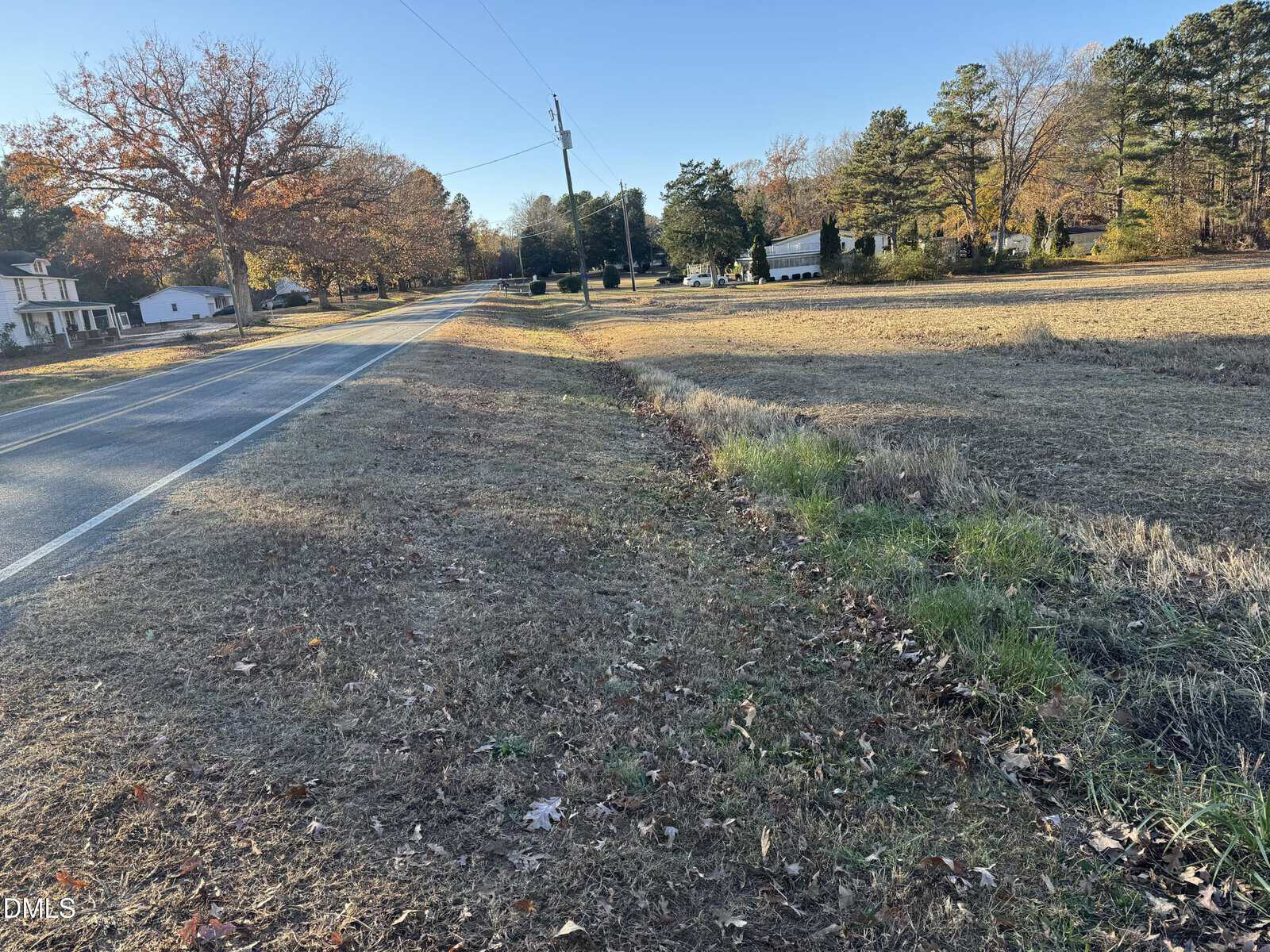 A rural road runs alongside an open grassy field with scattered trees and houses in the background under a clear blue sky. Fallen leaves are visible on the ground, and utility poles line the road.