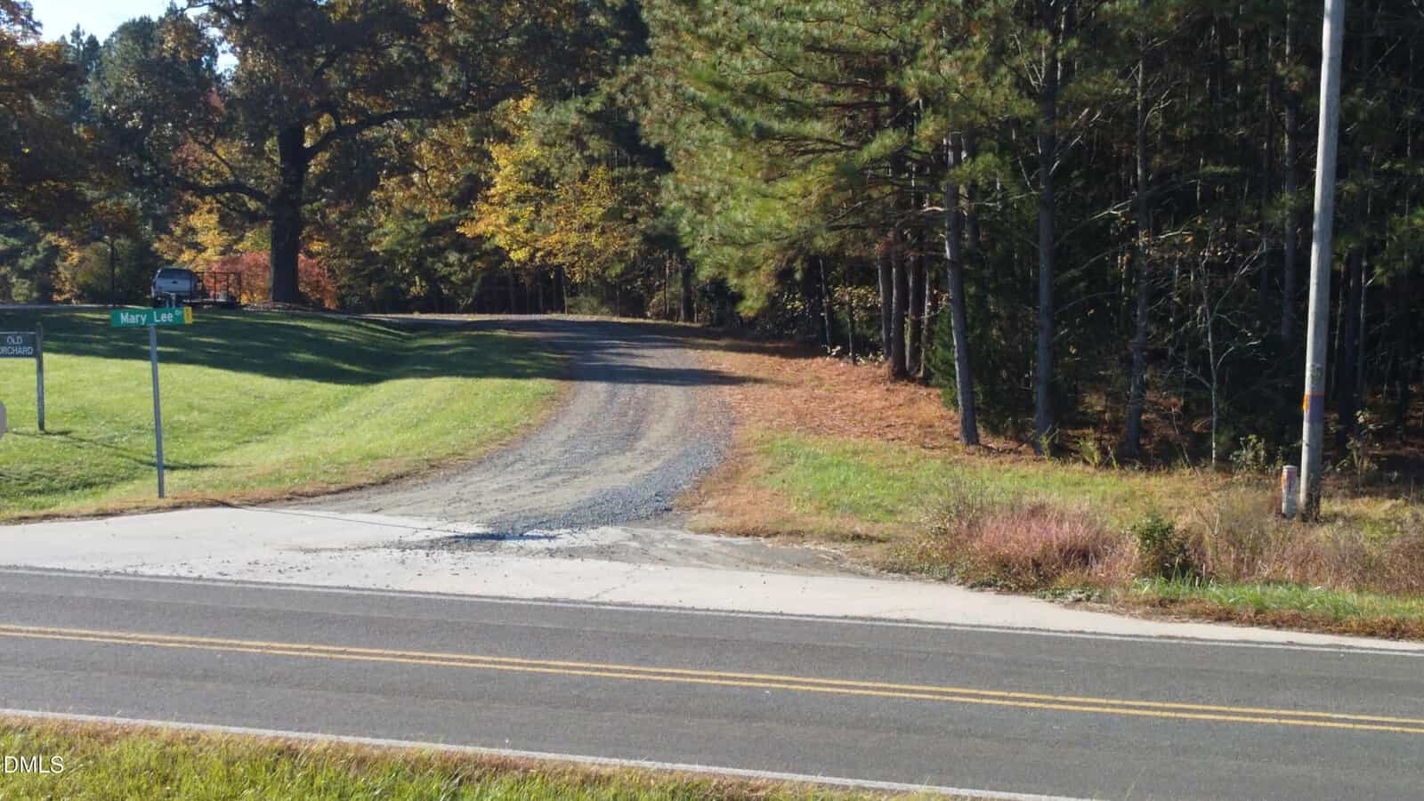 A gravel driveway leads from a paved road into a wooded area with pine trees. A street sign reads "Mary Lane." The scene is lit by sunlight, and leaves cover parts of the ground.