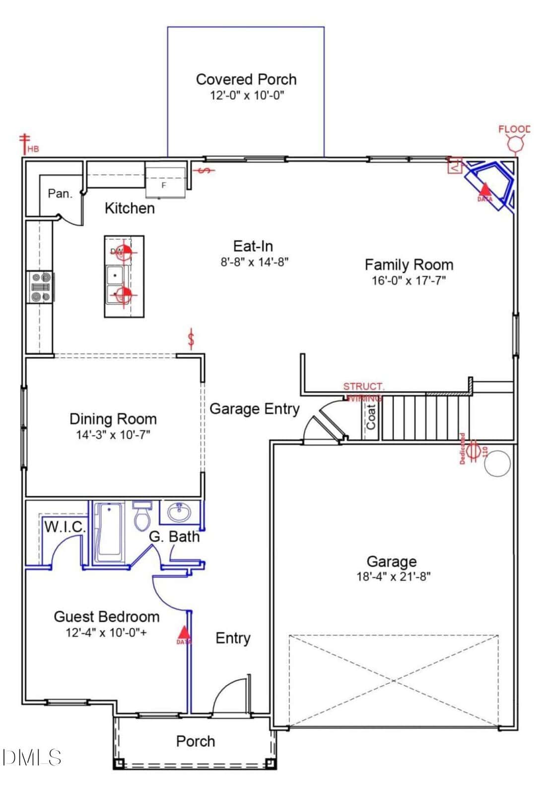 Floor plan of a house including a covered porch, kitchen, pantry, eat-in area, family room, dining room, guest bedroom, full bath, walk-in closet, entry, and a two-car garage with garage entry.