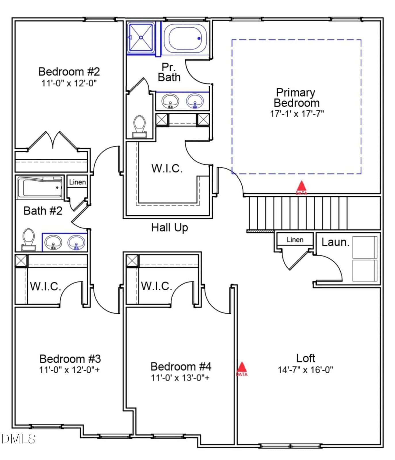 Second floor plan with four bedrooms, three bathrooms, a loft, laundry room, two walk-in closets, and several linen closets. Stairs lead up from below, and each bedroom has closet space.