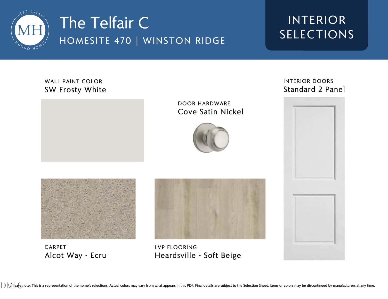 Interior selections sheet for The Telfair C at Homesite 470, Winston Ridge, showing SW Frosty White wall paint, Cove Satin Nickel door hardware, Standard 2 Panel doors, Ecru carpet, and Soft Beige LVP flooring.