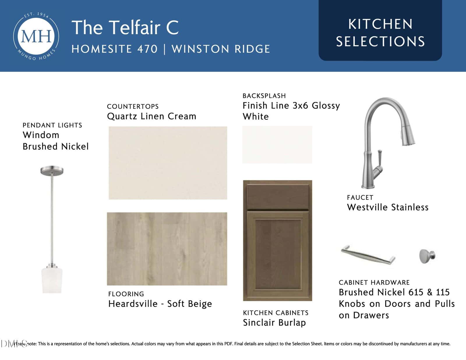 A kitchen selections board for "The Telfair C" model shows options: brushed nickel pendant lights, quartz linen cream countertops, 3x6 glossy white backsplash, soft beige flooring, burlap-colored cabinets, and nickel hardware.