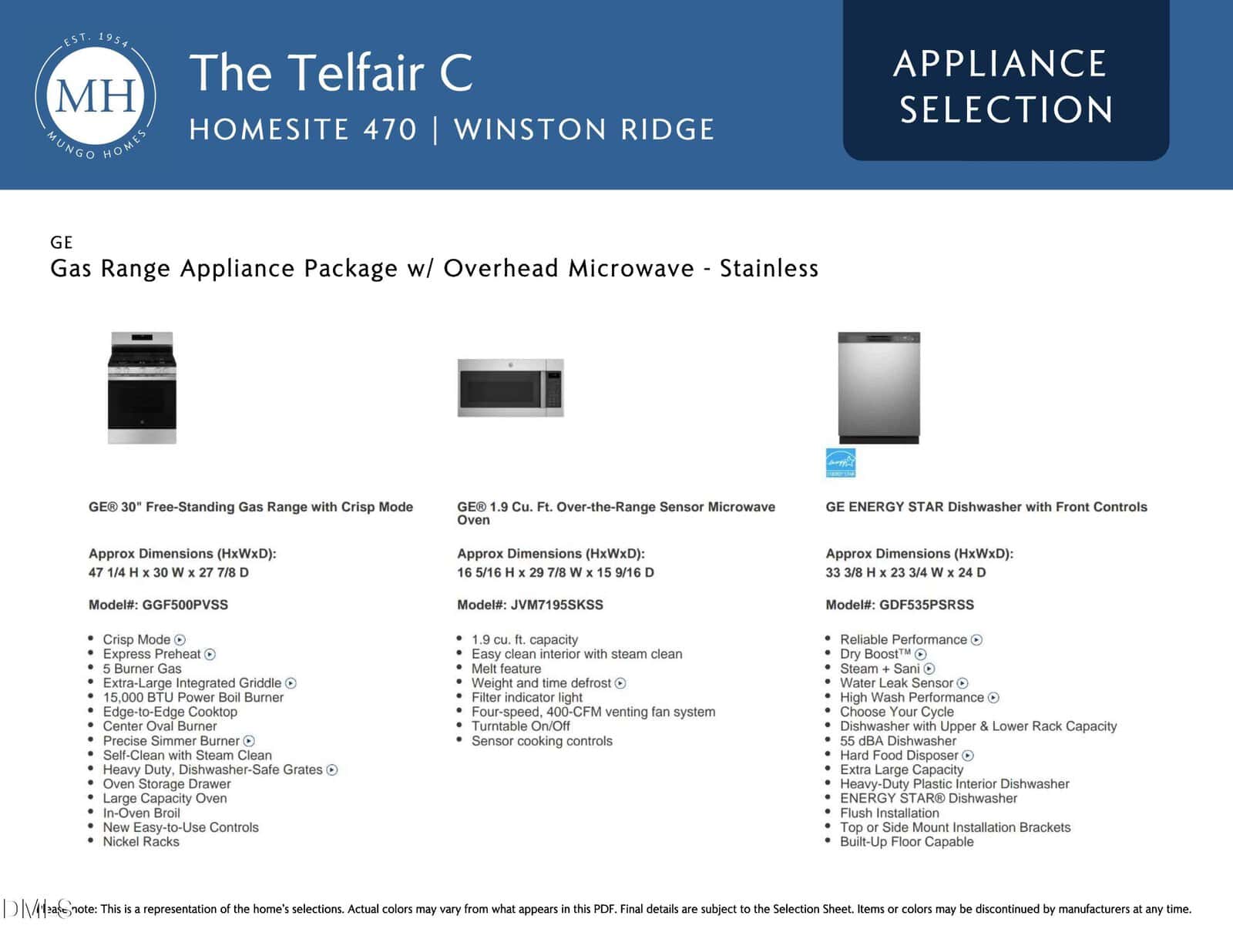 Flyer for The Telfair C, Homesite 470, Winston Ridge, showing a stainless steel GE gas range, over-the-range microwave, and dishwasher, with brief descriptions, specs, and appliance selection notes.