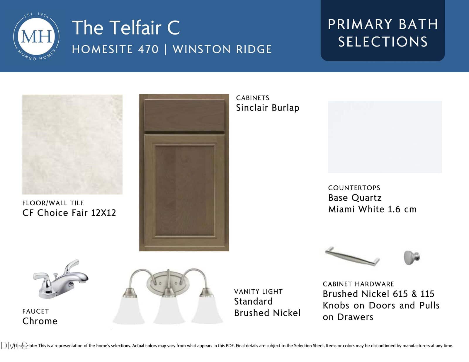 Primary bath selections for "The Telfair C" home: Sinclair Burlap cabinet, CF Choice Fair 12x12 floor/wall tile, Miami White quartz countertop, chrome faucet, brushed nickel vanity light, and brushed nickel cabinet knobs/pulls.