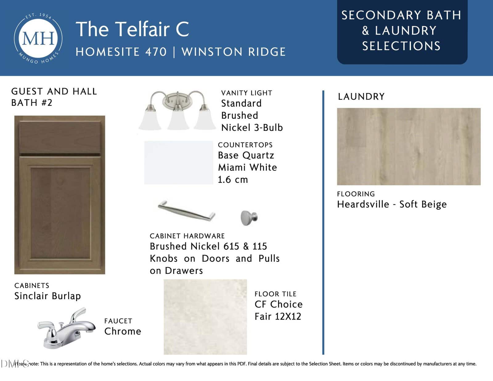 Design board for a home's secondary bath and laundry, featuring brushed nickel light fixture, base quartz countertops, Sinclair Burlap cabinets, chrome faucet, Heardsville vinyl flooring, and Fair 12x12 tile.