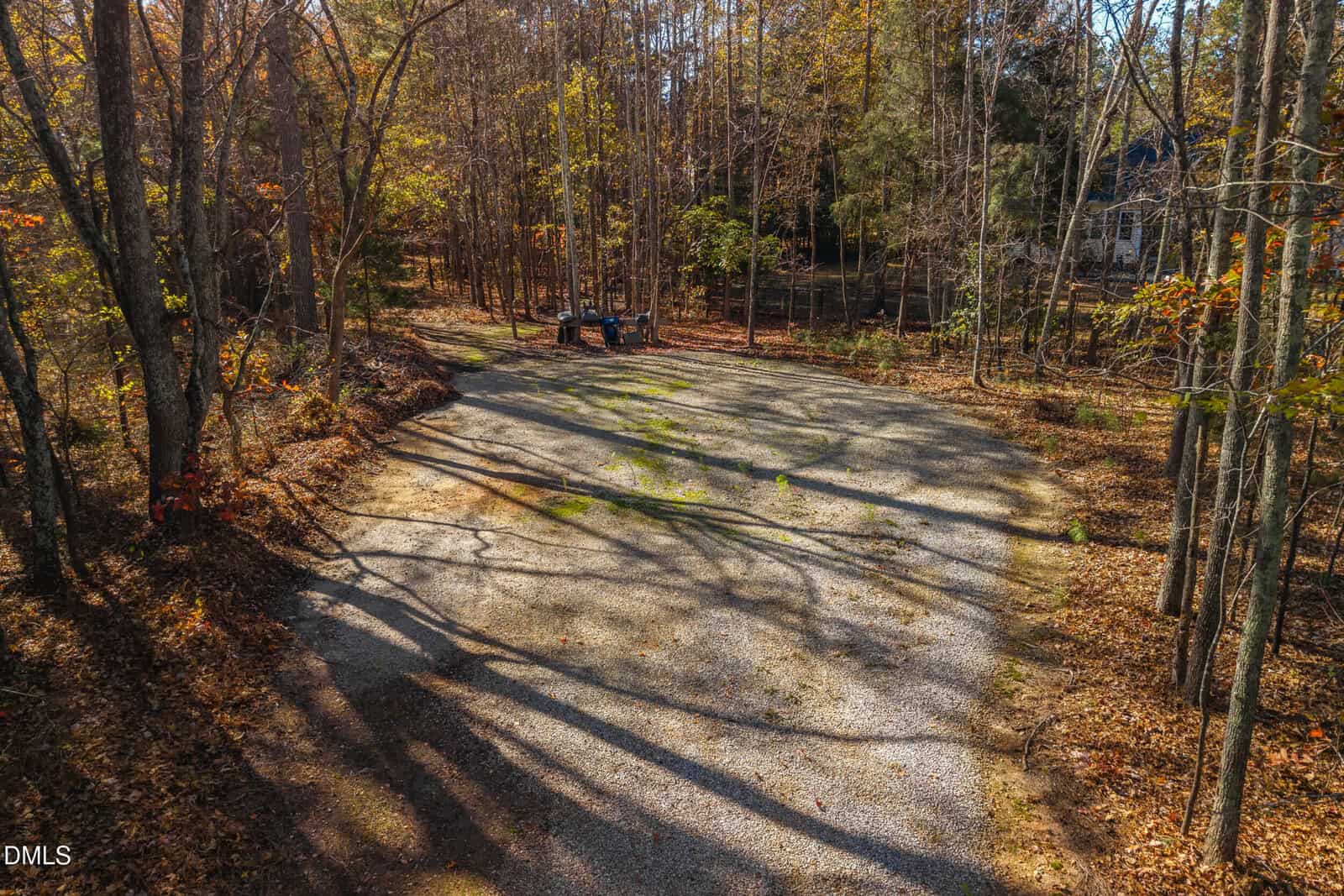 A gravel driveway surrounded by trees with fallen autumn leaves. Two trash bins are placed at the end of the driveway. Sunlight filters through the trees, casting long shadows across the ground. A house is partially visible in the background.