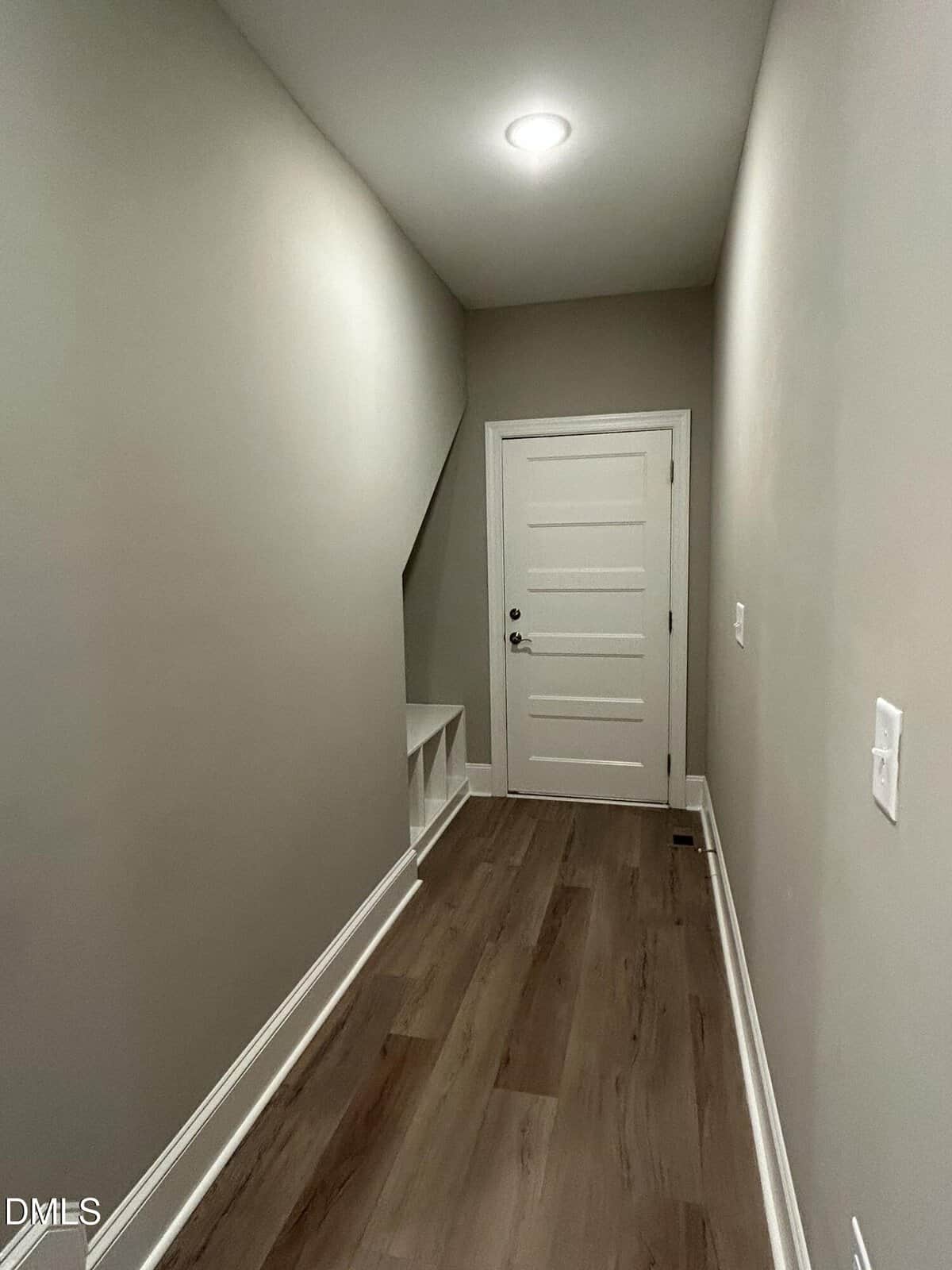 A narrow hallway with wood flooring, beige walls, a white door at the end, built-in shelves beneath the stairs, and a ceiling light.