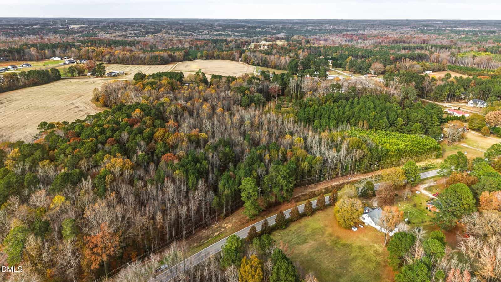Aerial view of a rural landscape with a mix of trees, open fields, and a few buildings. A road runs diagonally through the foreground, and the area shows signs of late autumn foliage.