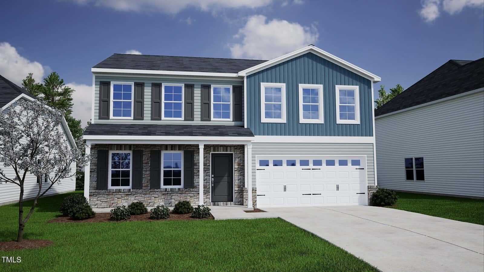 Two-story suburban house at 44 Plantation Drive in Youngsville with blue and gray siding, stone accents, a covered front porch, white trim, attached two-car garage, and a concrete driveway. Manicured lawn and landscaping with small shrubs and a tree in the front yard.