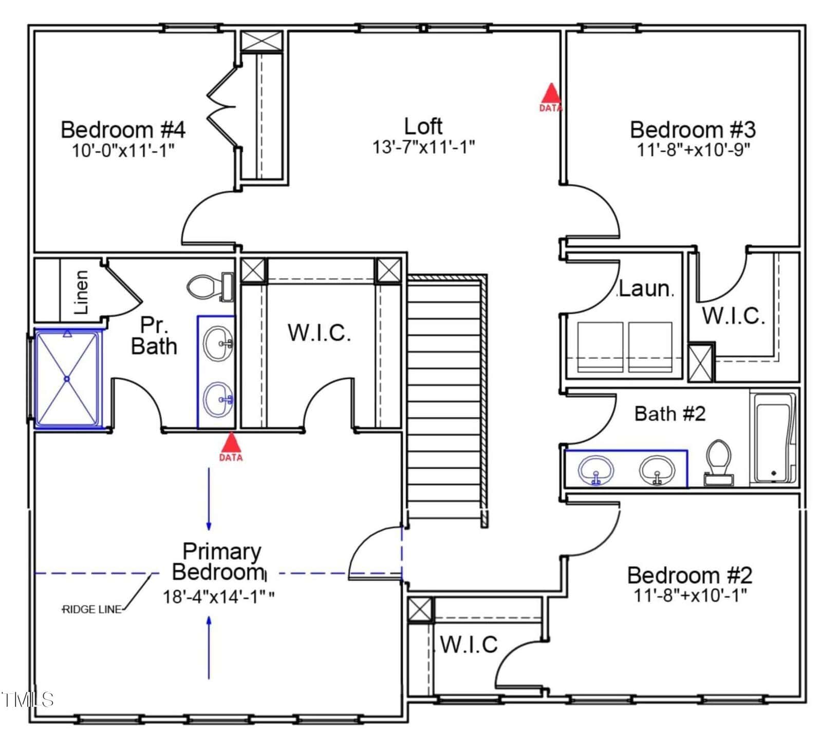 Floor plan shows four bedrooms, a loft, laundry room, two bathrooms, a linen closet, and two walk-in closets. The primary bedroom has an en suite bath. Stairs are centrally located. Bathroom fixtures and room dimensions are labeled.