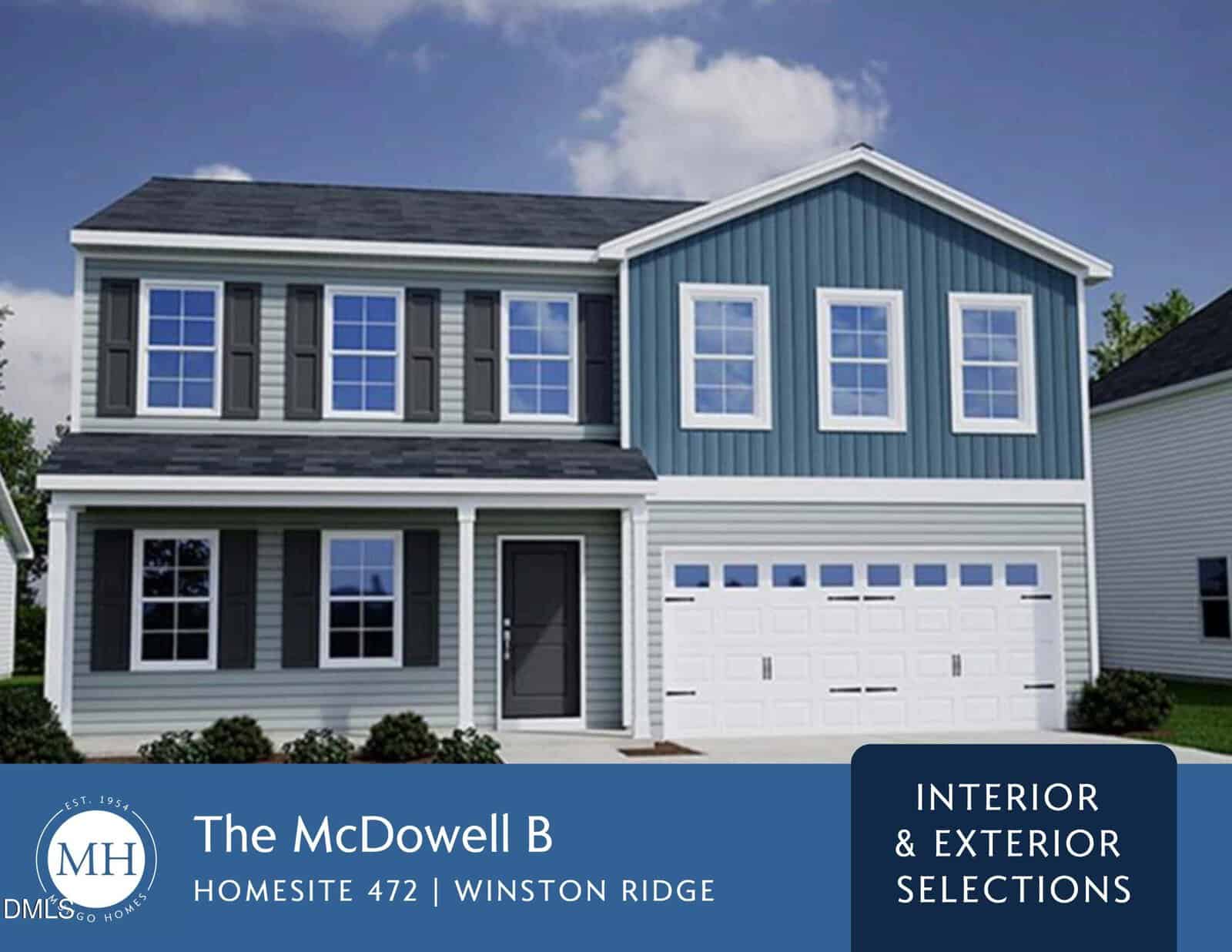 Two-story house with gray siding, blue accent panels, and white trim. The home has a double garage, several windows, and a front door with a small porch. Blue banner at the bottom displays text about the property.