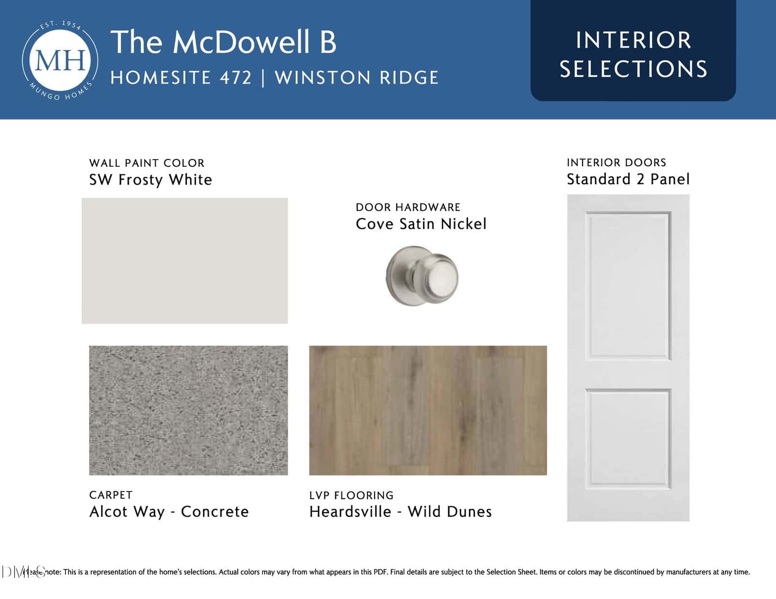 Interior selections board showing SW Frosty White wall paint, Cove Satin Nickel door hardware, Alcott Way Concrete carpet, Heardsville Wild Dunes plank flooring, and a Standard 2 Panel white interior door.