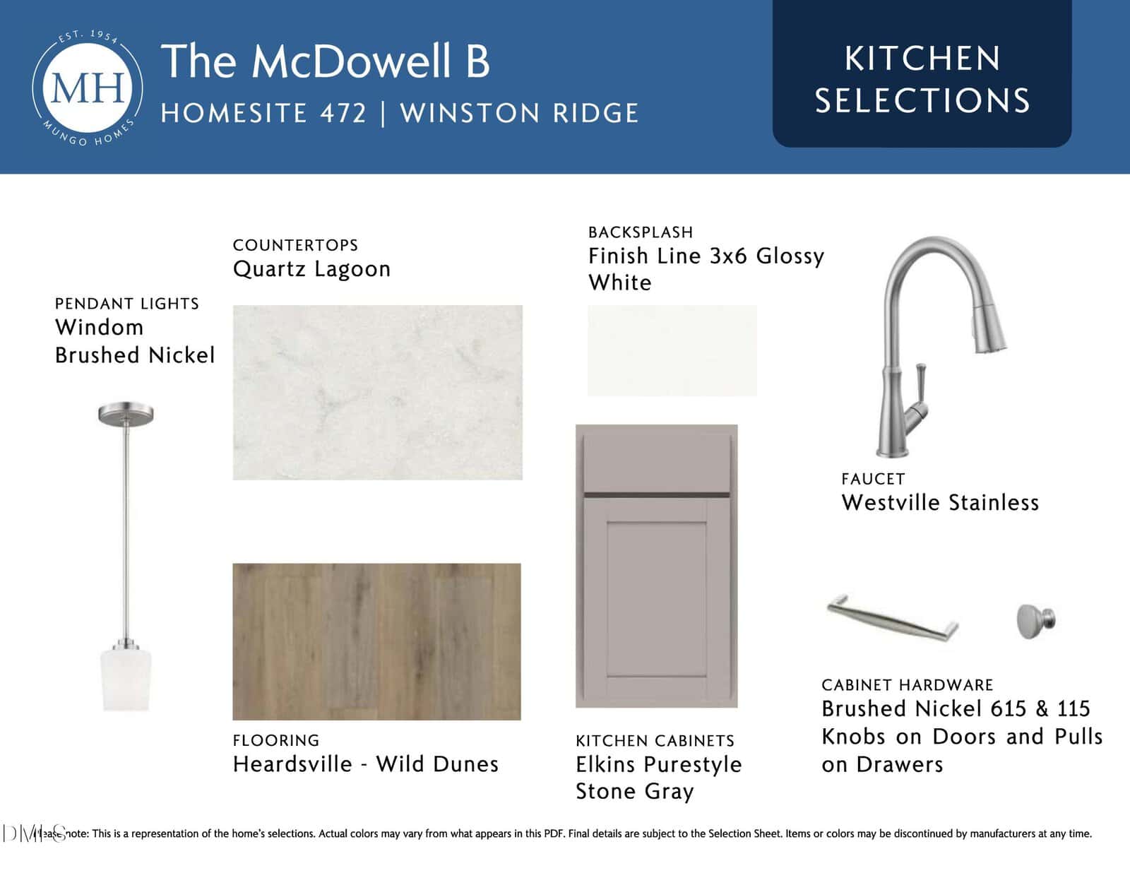 Design board for The McDowell B home featuring quartz countertops, a glossy white tile backsplash, brushed nickel pendant lights and hardware, a stainless steel faucet, wood-look flooring, and light gray cabinets.