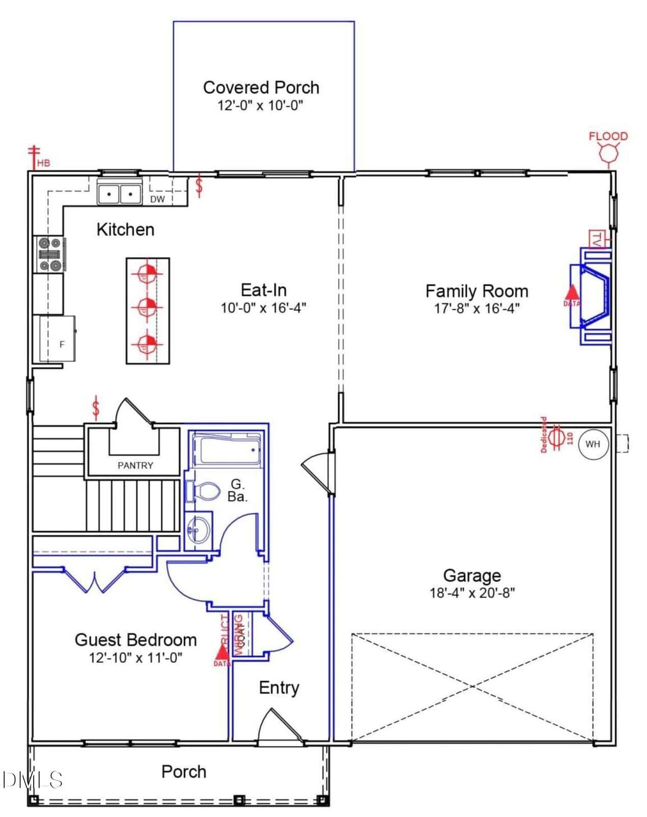 First floor house plan showing a kitchen, eat-in area, family room, guest bedroom, bathroom, pantry, garage, entry, porch, and covered porch, with labeled measurements for each space.