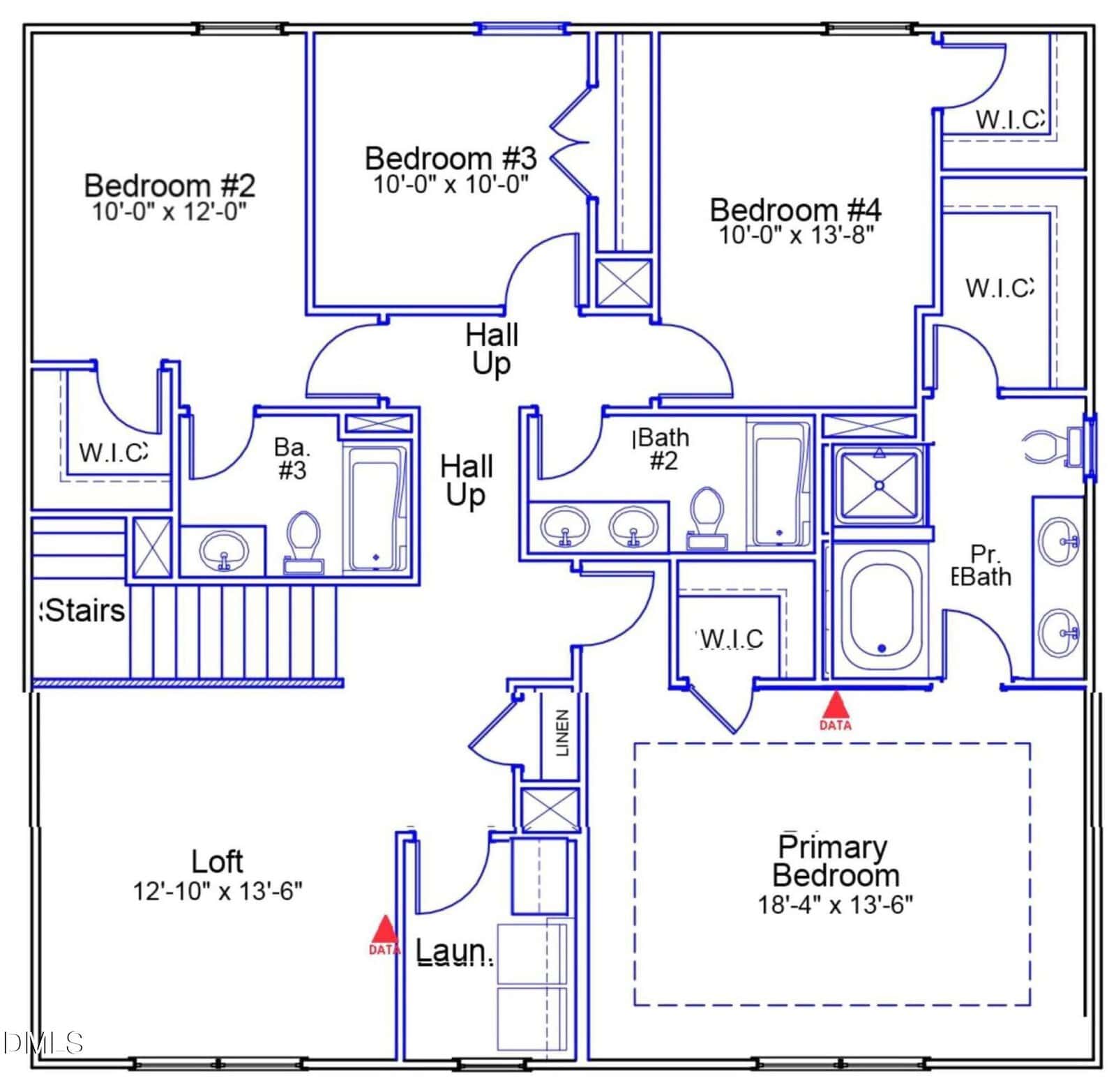 Floor plan of a house upper level with four bedrooms, three bathrooms, a loft, laundry area, stairs, linen closet, and multiple walk-in closets. The primary bedroom is the largest, with an attached bathroom and two walk-in closets.