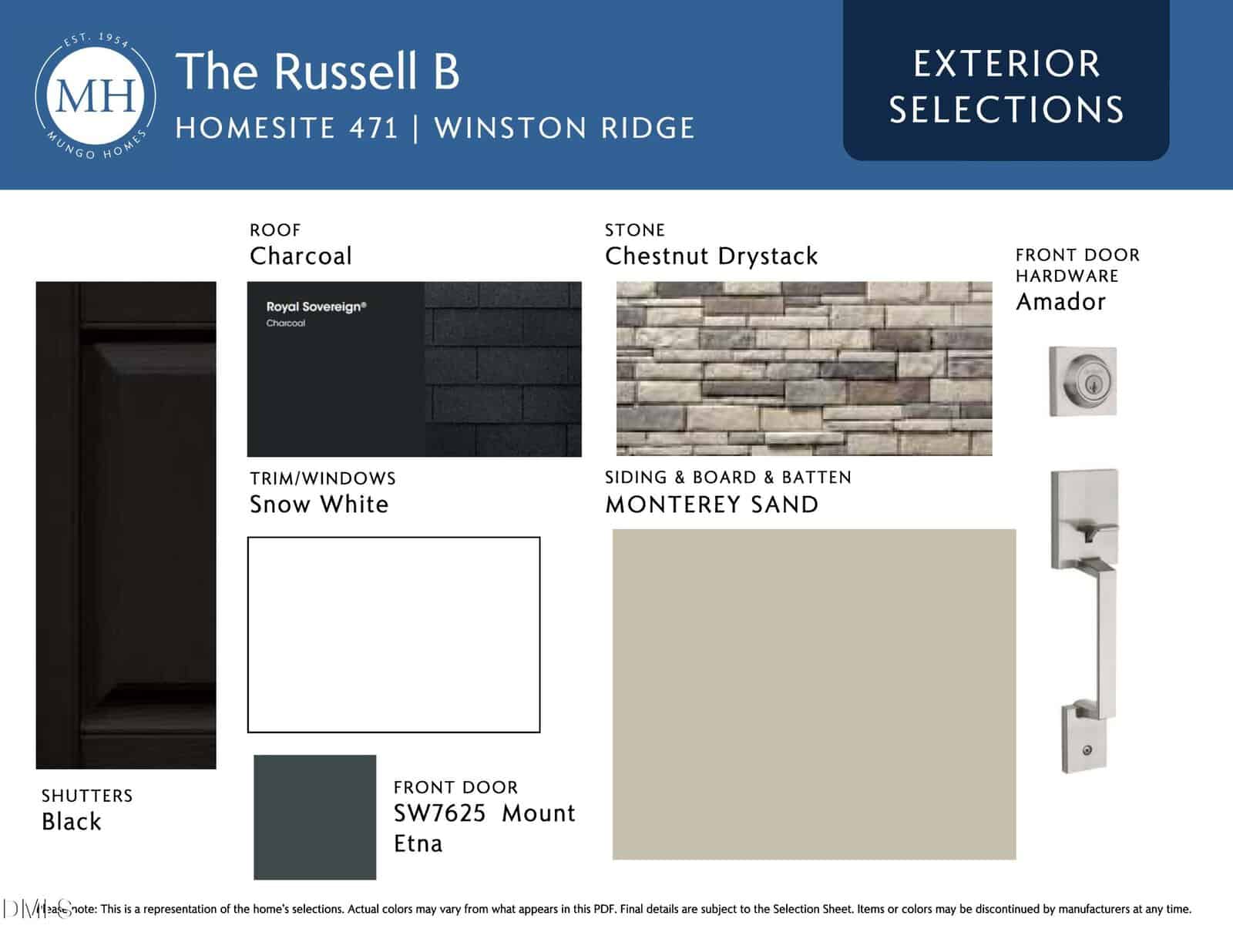 Exterior selections board for The Russell B home, showing samples of charcoal brick, chestnut drystack stone, white trim, black shutters, taupe siding, gray front door, and silver door hardware.