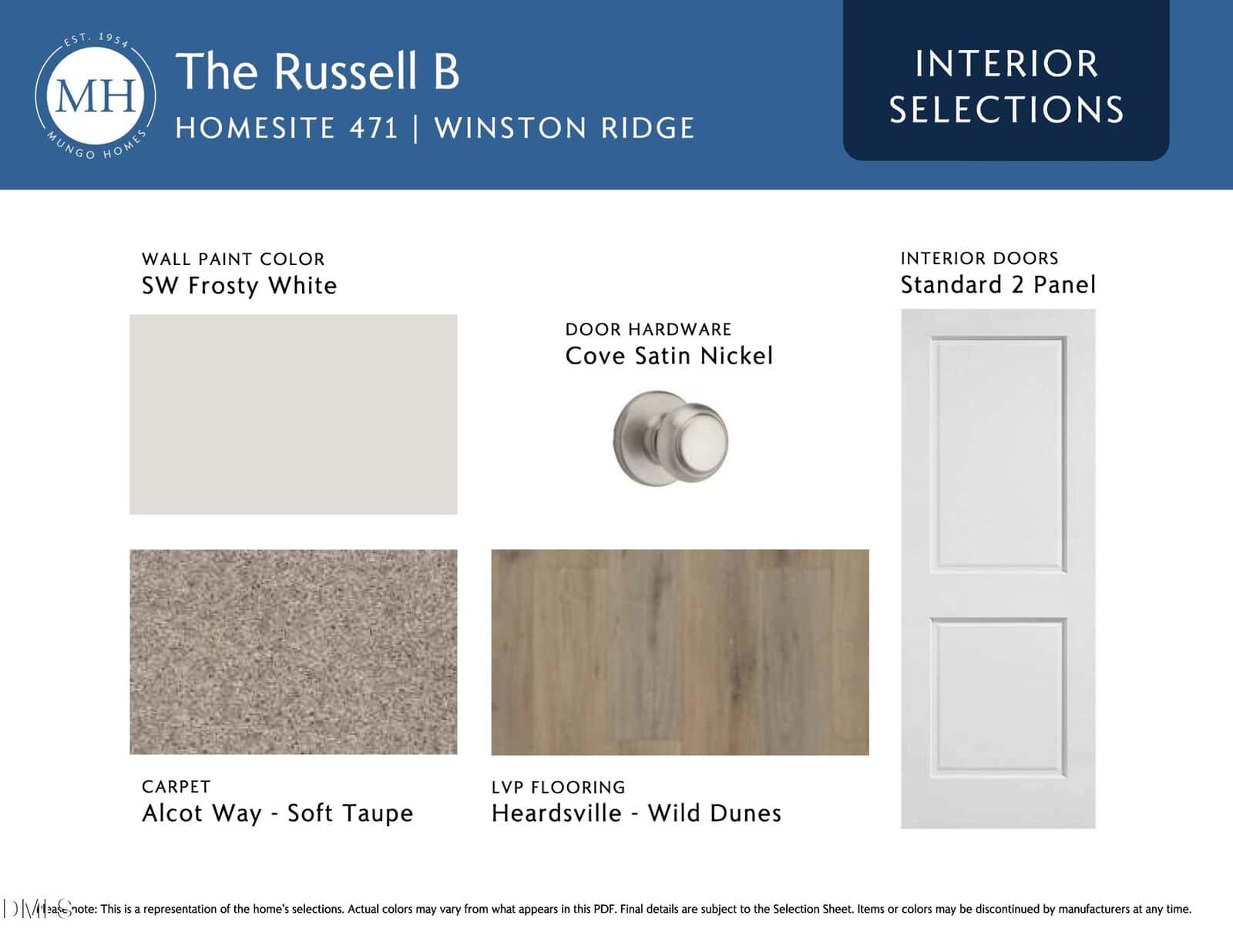 Interior selections board for "The Russell B" home, showing SW Frosty White paint, Cove Satin Nickel door hardware, Standard 2 Panel door, Alcott Way Soft Taupe carpet, and Heardsville Wild Dunes vinyl flooring.