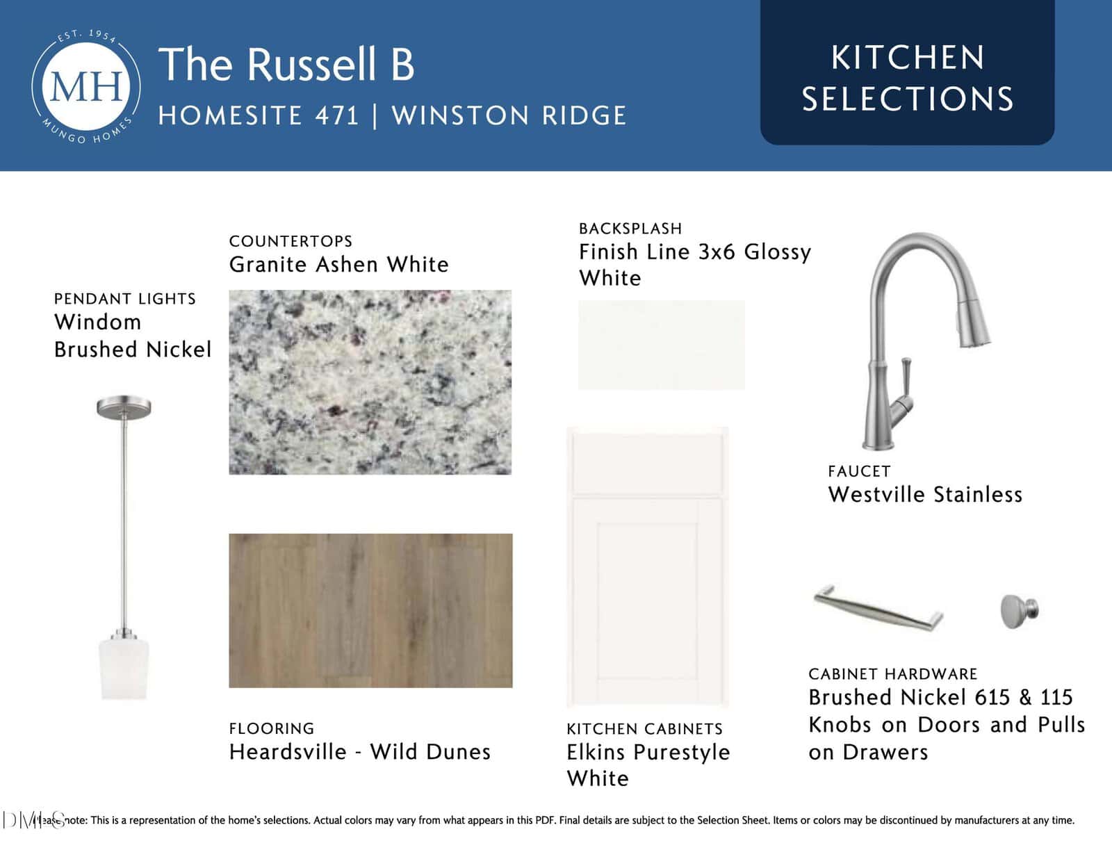 Image showing kitchen selections for The Russell B, Homesite 471 at Winston Ridge. Features include granite Ashen White countertops, Heardsville Wild Dunes flooring, Elkins Purestyle White cabinets, and brushed nickel hardware.