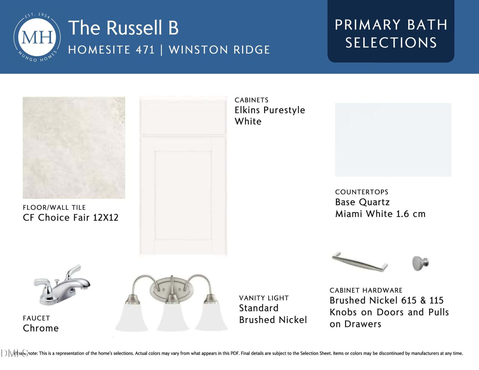 A design board titled "The Russell B Primary Bath Selections" features samples and images of white wall tile, Elkins Purestyle white cabinetry, base quartz Miami White countertop, chrome faucet, brushed nickel vanity light, and brushed nickel cabinet hardware.