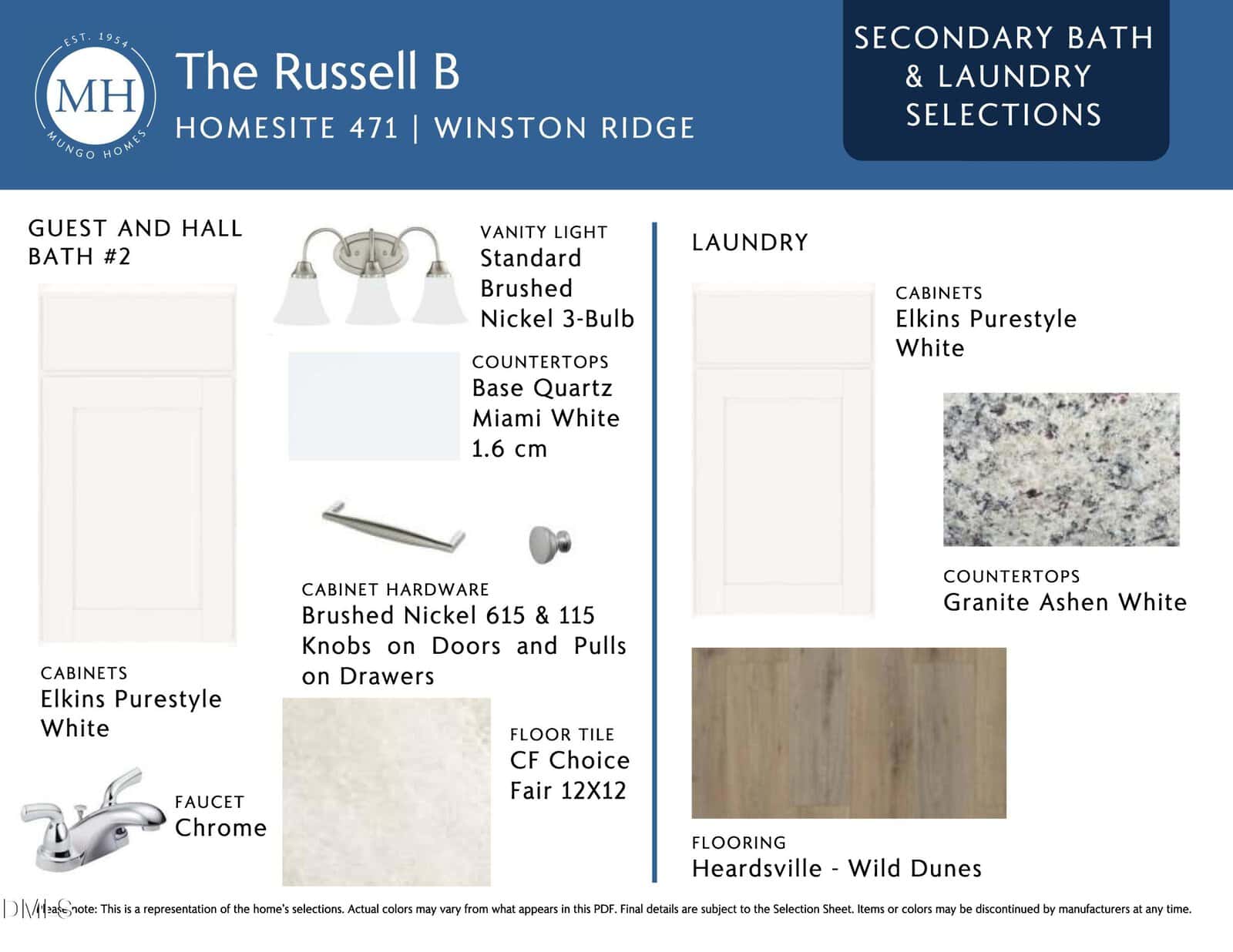Selection board for a home's secondary bath and laundry room, showing white cabinets, brushed nickel hardware, a modern vanity light, granite countertop, white door, white floor tile, and wood-look vinyl flooring.
