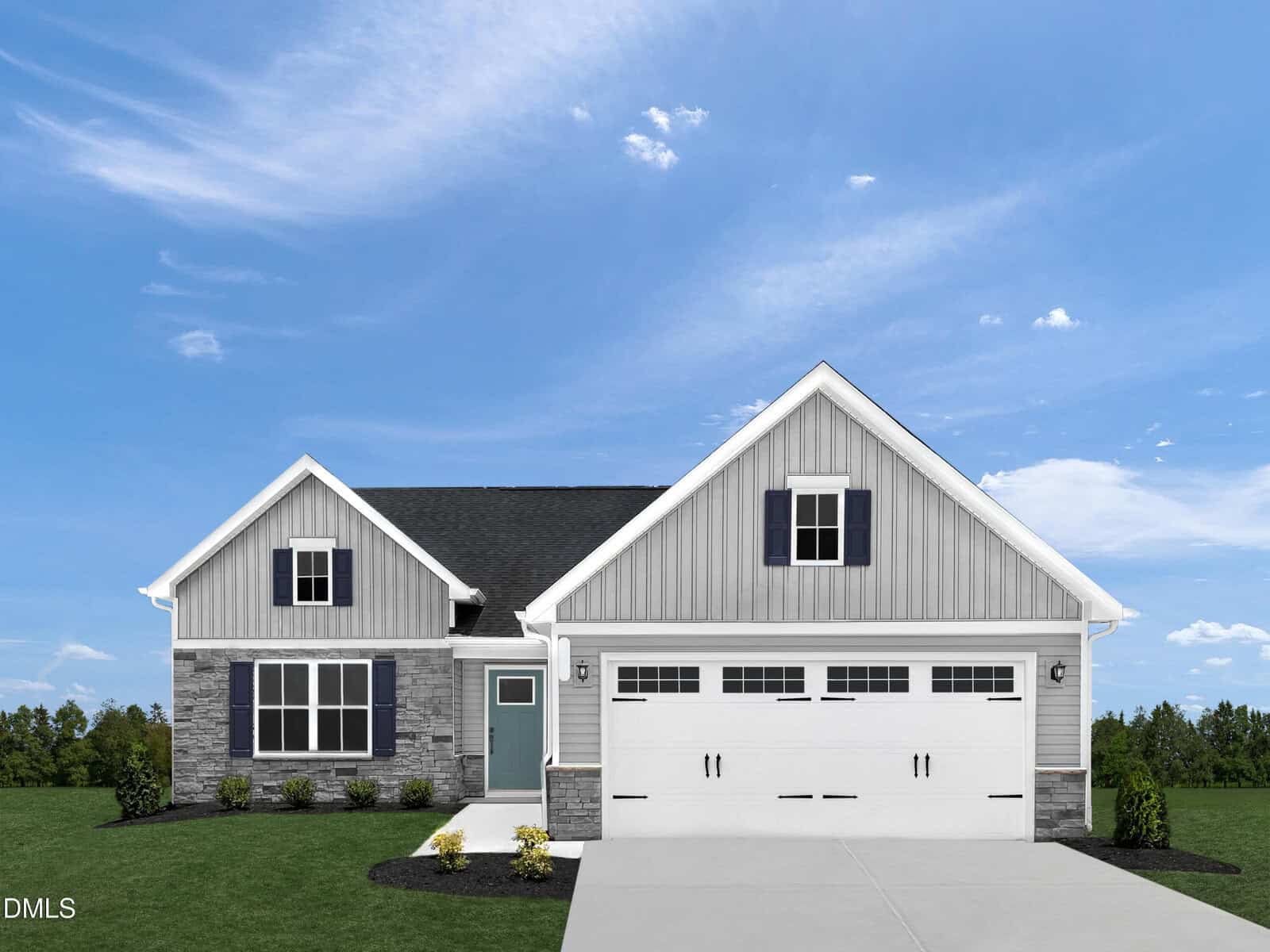 A single-story suburban house with gray siding, stone accent, black shutters, a covered entry, and a double garage. The front yard has a green lawn, small bushes, and a clear blue sky overhead.