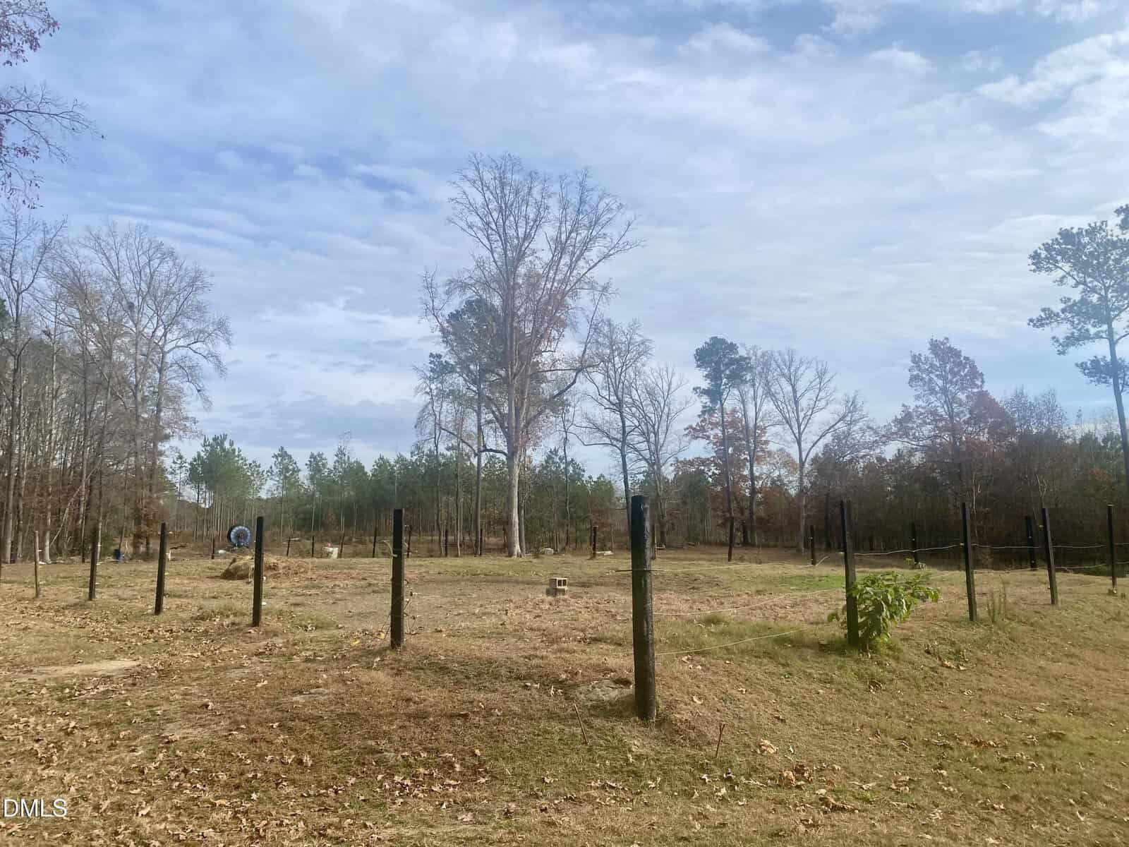 A fenced, grassy area with scattered posts and a few small objects on the ground, surrounded by trees with autumn leaves under a partly cloudy sky.