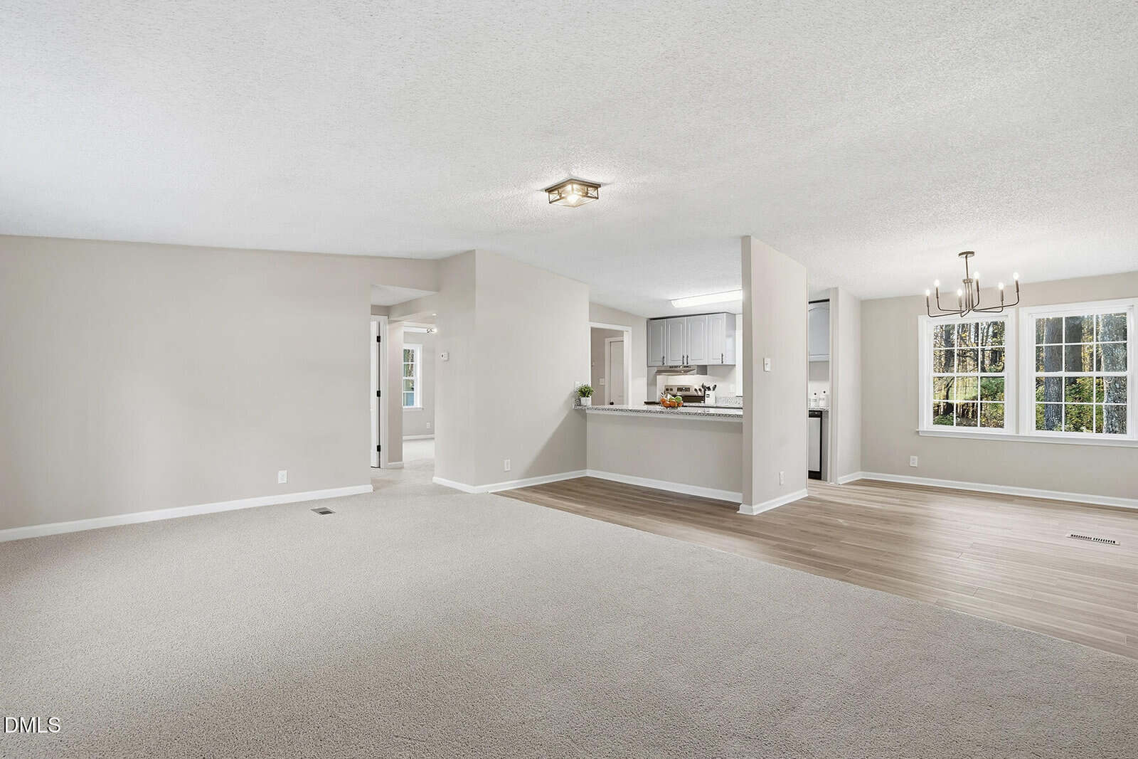 Spacious open-plan living area with light beige carpet, adjoining dining space with wood flooring, a modern chandelier, large windows, and a view into a white kitchen with stainless steel appliances.