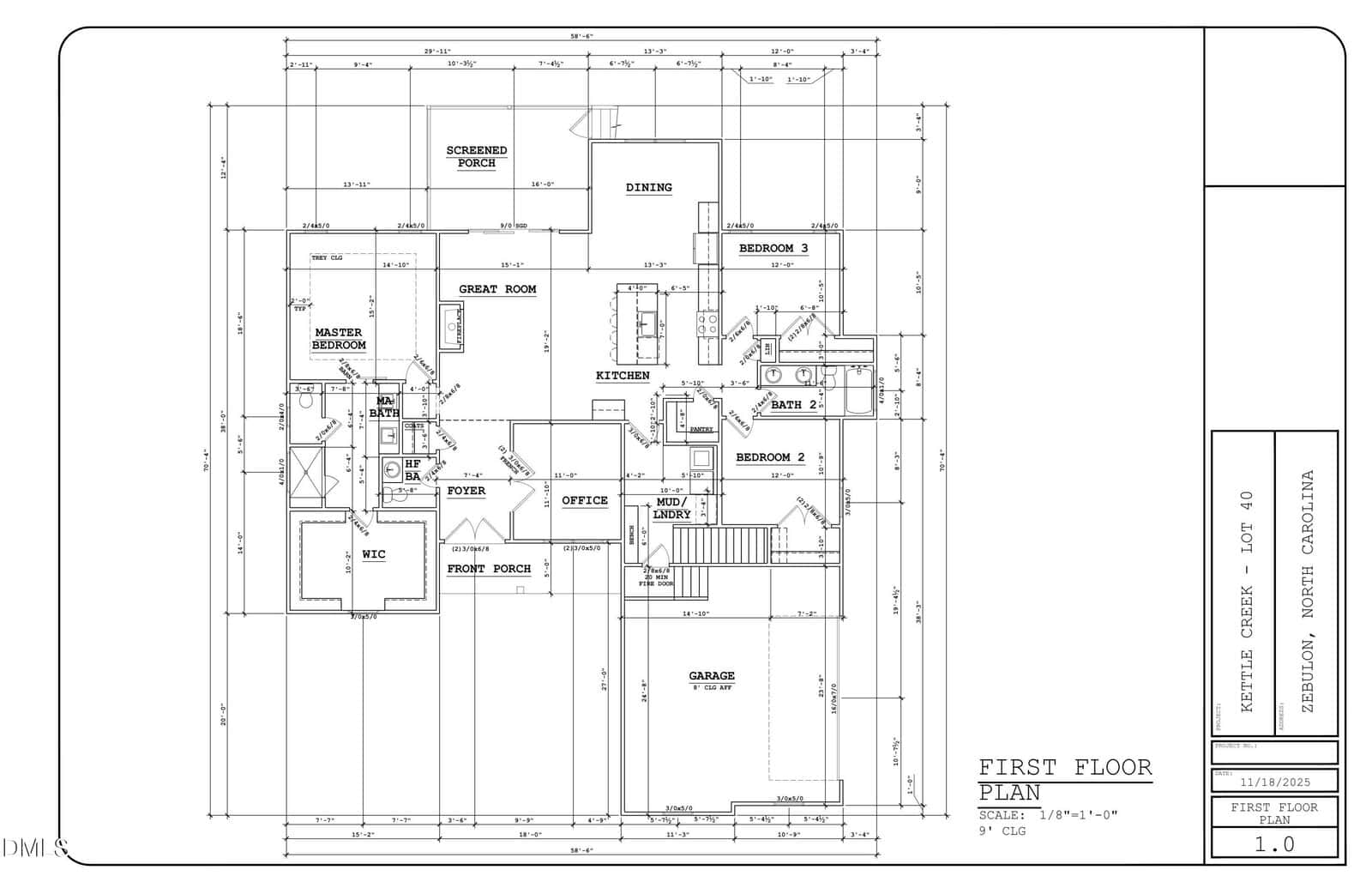 Architectural blueprint of a single-story house displaying labeled rooms, including bedrooms, bathrooms, kitchen, dining, garage, pantry, office, foyer, and screened porch, with doors, windows, and measurements indicated.