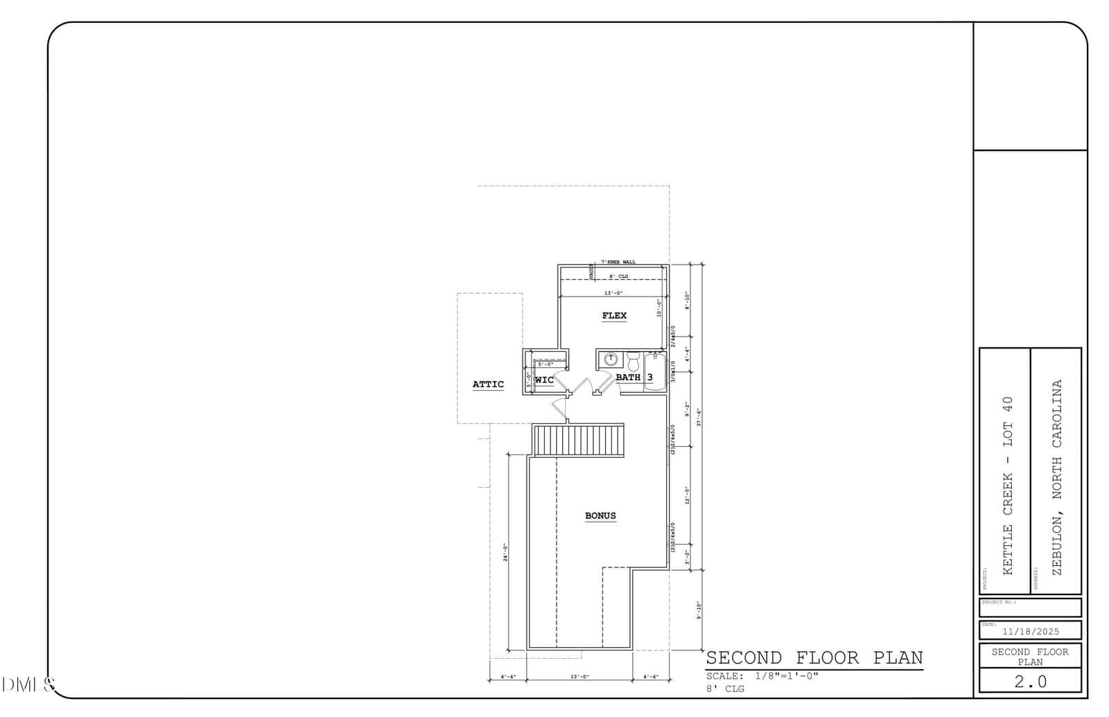 Architectural drawing of a second floor plan for a house in Zebulon, North Carolina, showing rooms labeled attic, bath, and flex, with stairs and hallways connecting the spaces. Title block with project details on the right.