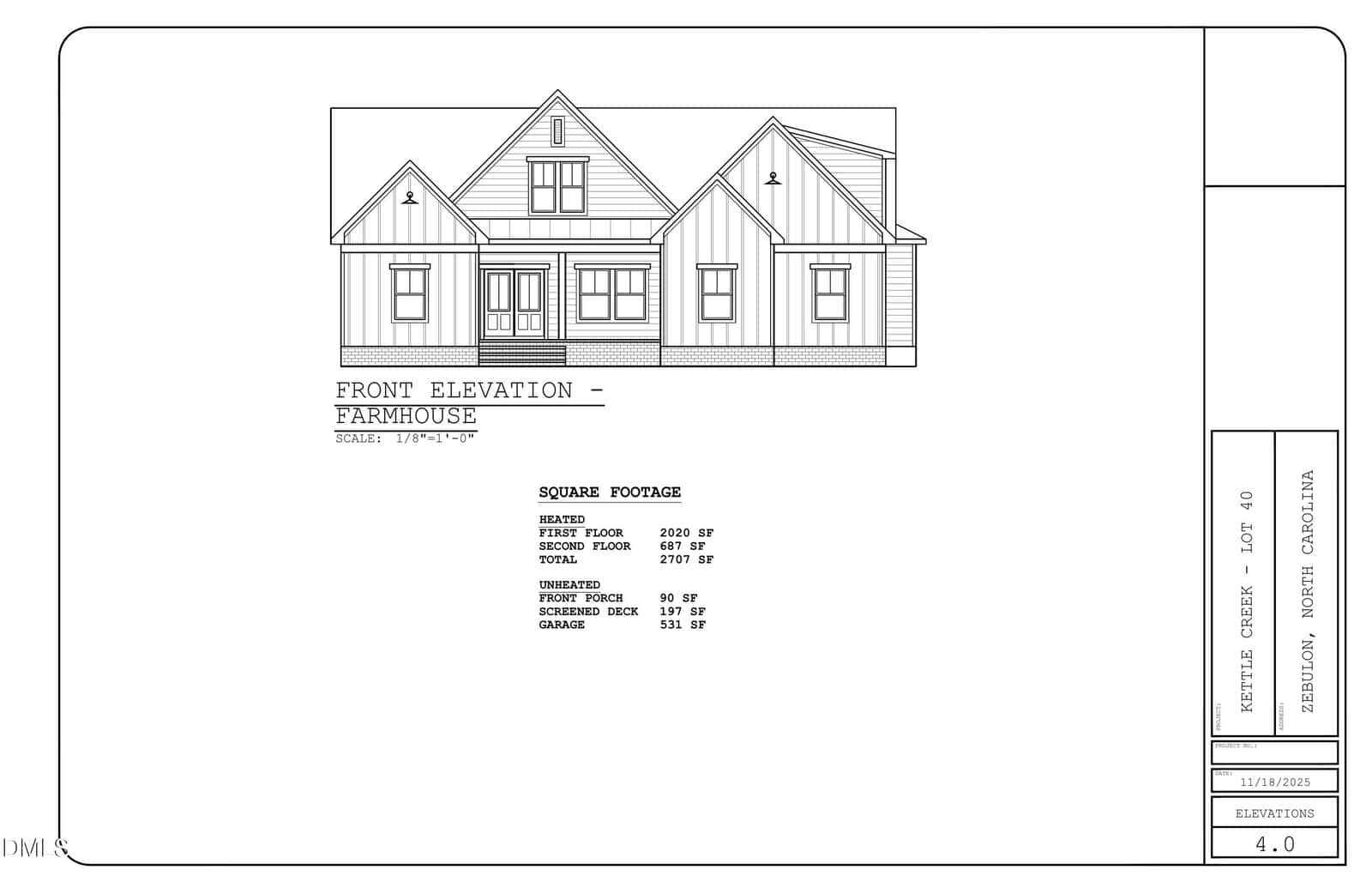 Architectural drawing of a farmhouse front elevation with pitched roofs and board-and-batten siding at 10 Uptown Court, Zebulon, accompanied by a table listing square footage for heated and unheated areas, and project details.