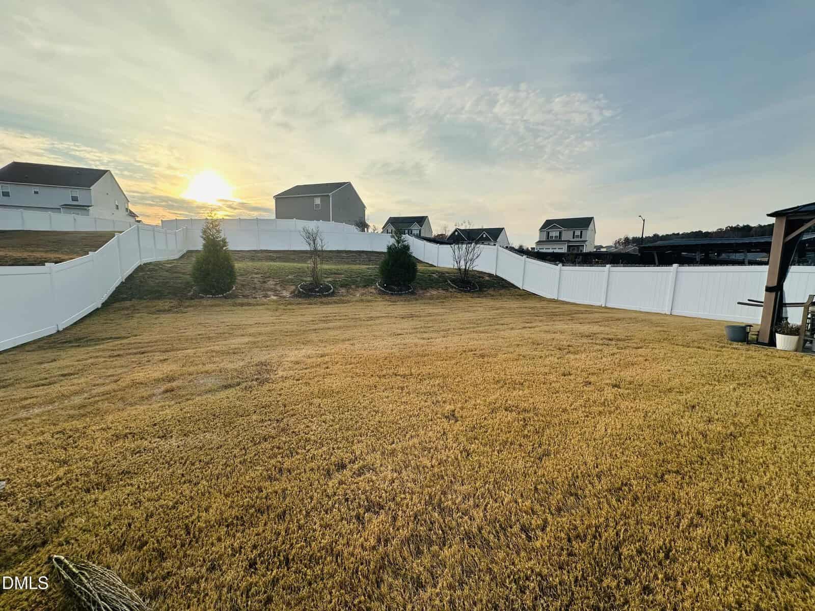 A fenced backyard with golden grass, a few small trees, and houses in the background under a cloudy sky at sunset.