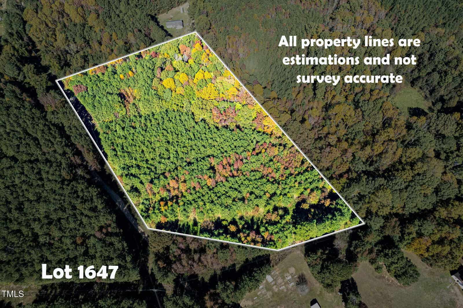 Aerial view of a forested plot of land outlined in white with the label "Lot 1647" and text stating, "All property lines are estimations and not survey accurate." Trees are dense and colorful.