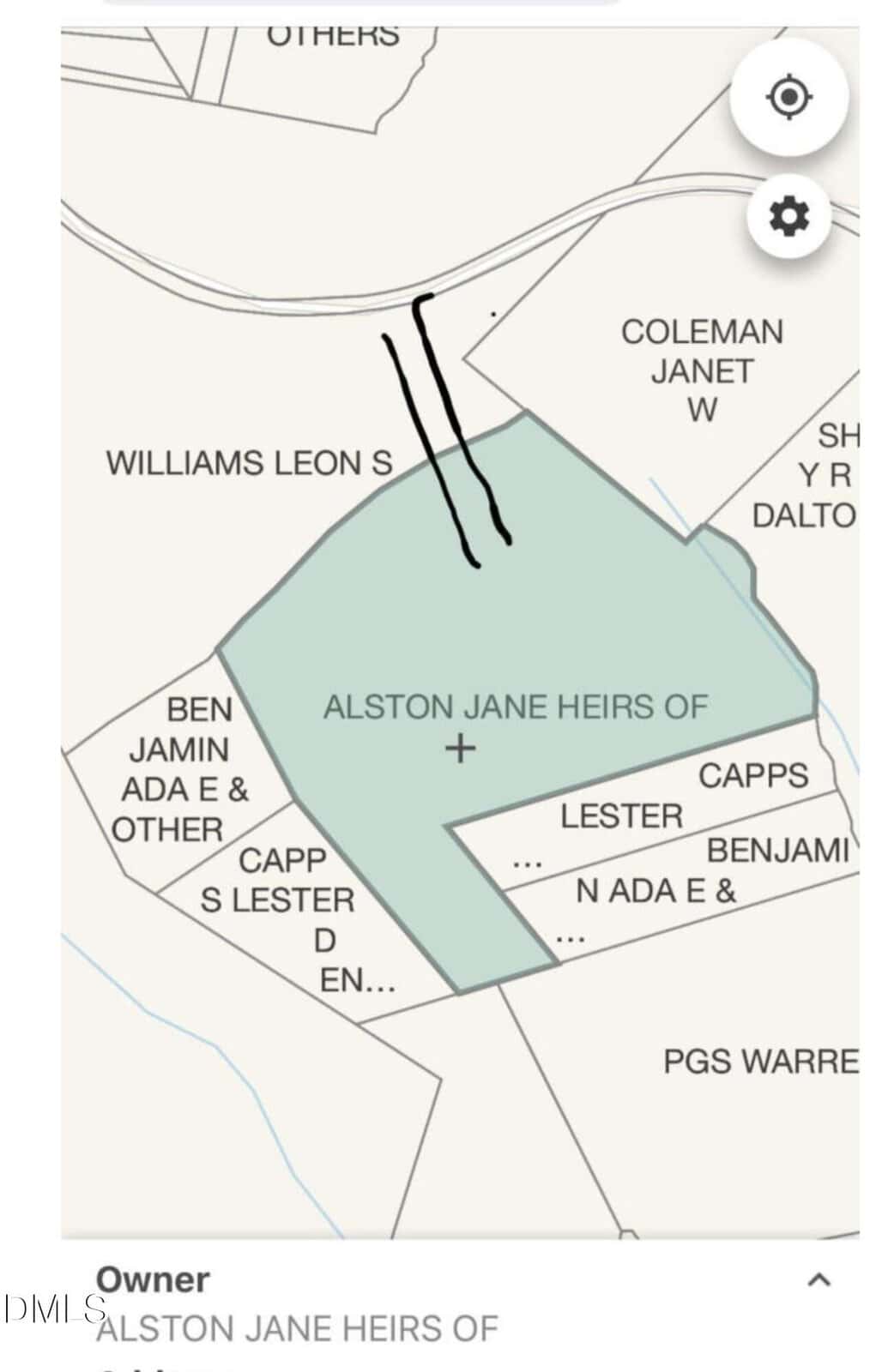 A property map showing a highlighted area labeled “ALSTON JANE HEIRS OF” near 480 Ernest Turner Road in Warrenton, with neighboring lots, roads, and owner names such as Williams Leon S, Coleman Janet W, and Capps S Lester D.