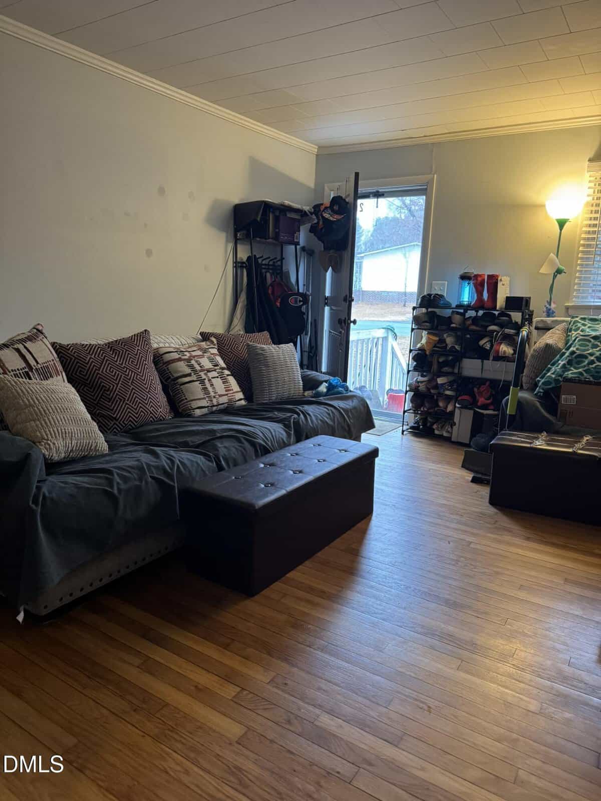A living room with a dark couch covered in pillows, a storage bench in front, a shoe rack and various items by the door, a floor lamp, and wooden floors. The door is open, revealing a porch and outdoor area.