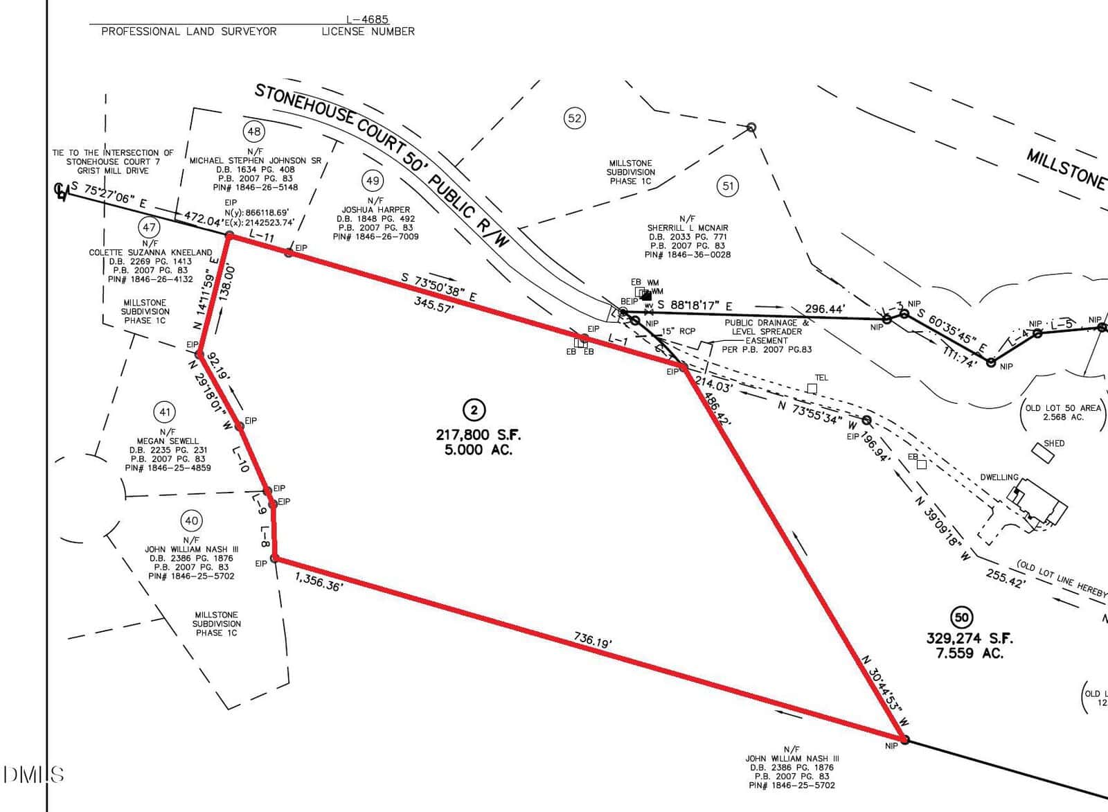 A black and white survey map showing a 5-acre, 217,800 square foot plot outlined in red along Stonehouse Court. The map includes lot lines, measurements, labels, and nearby roads and structures.