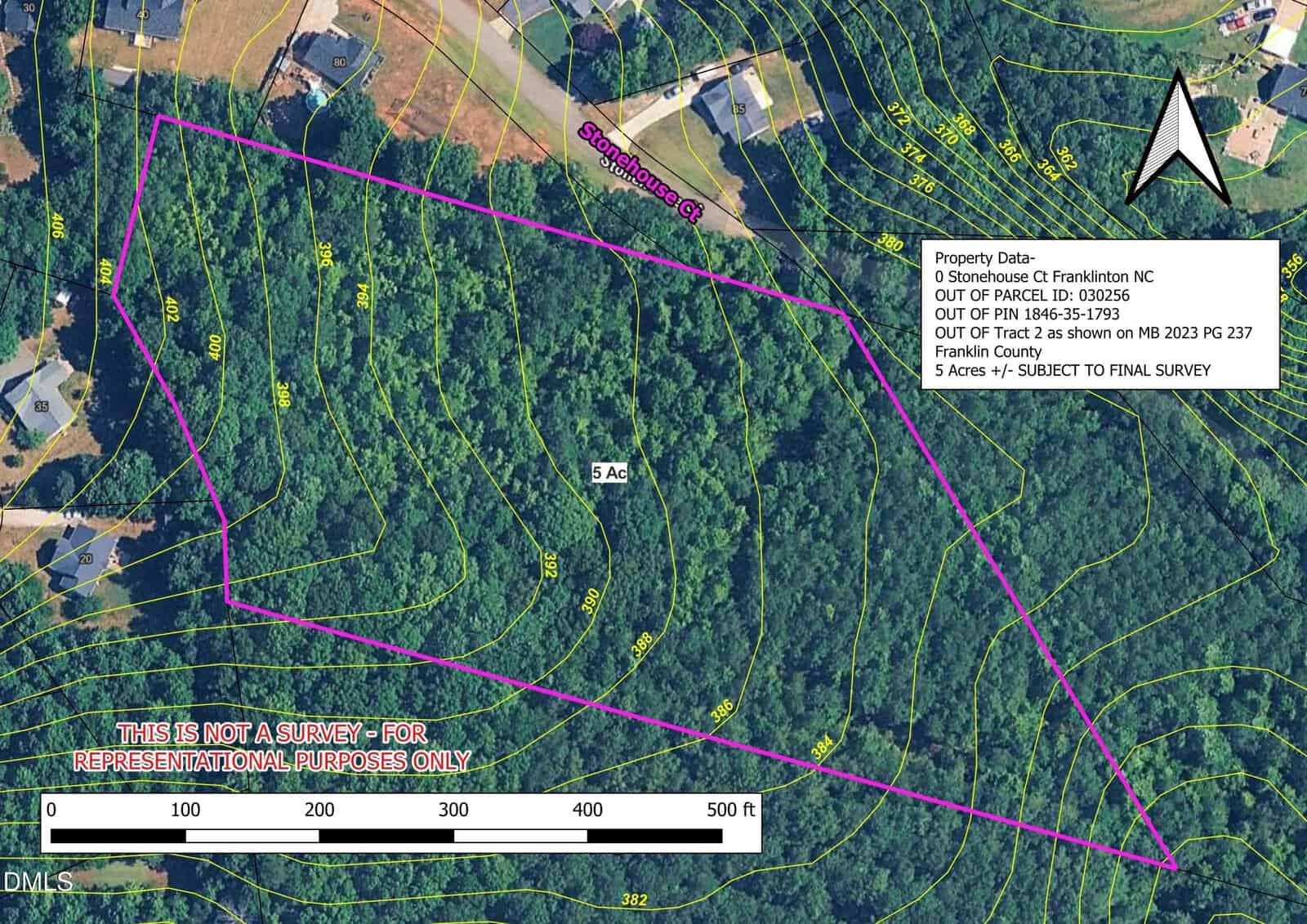 Aerial map showing a 5-acre wooded lot outlined in purple, with contour lines indicating elevation changes. A street labeled Stonehouse Ct borders the top, and property details are listed in a side box.