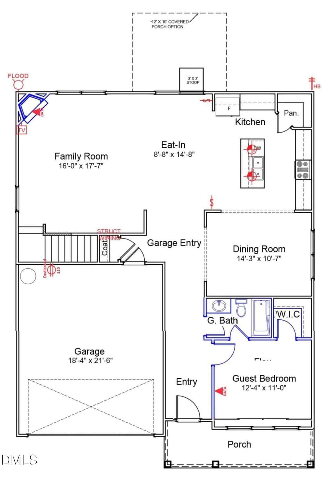 First floor architectural plan showing a garage, family room, eat-in kitchen, dining room, guest bedroom, bathroom, walk-in closet, pantry, two entries, staircase, and an optional covered porch.