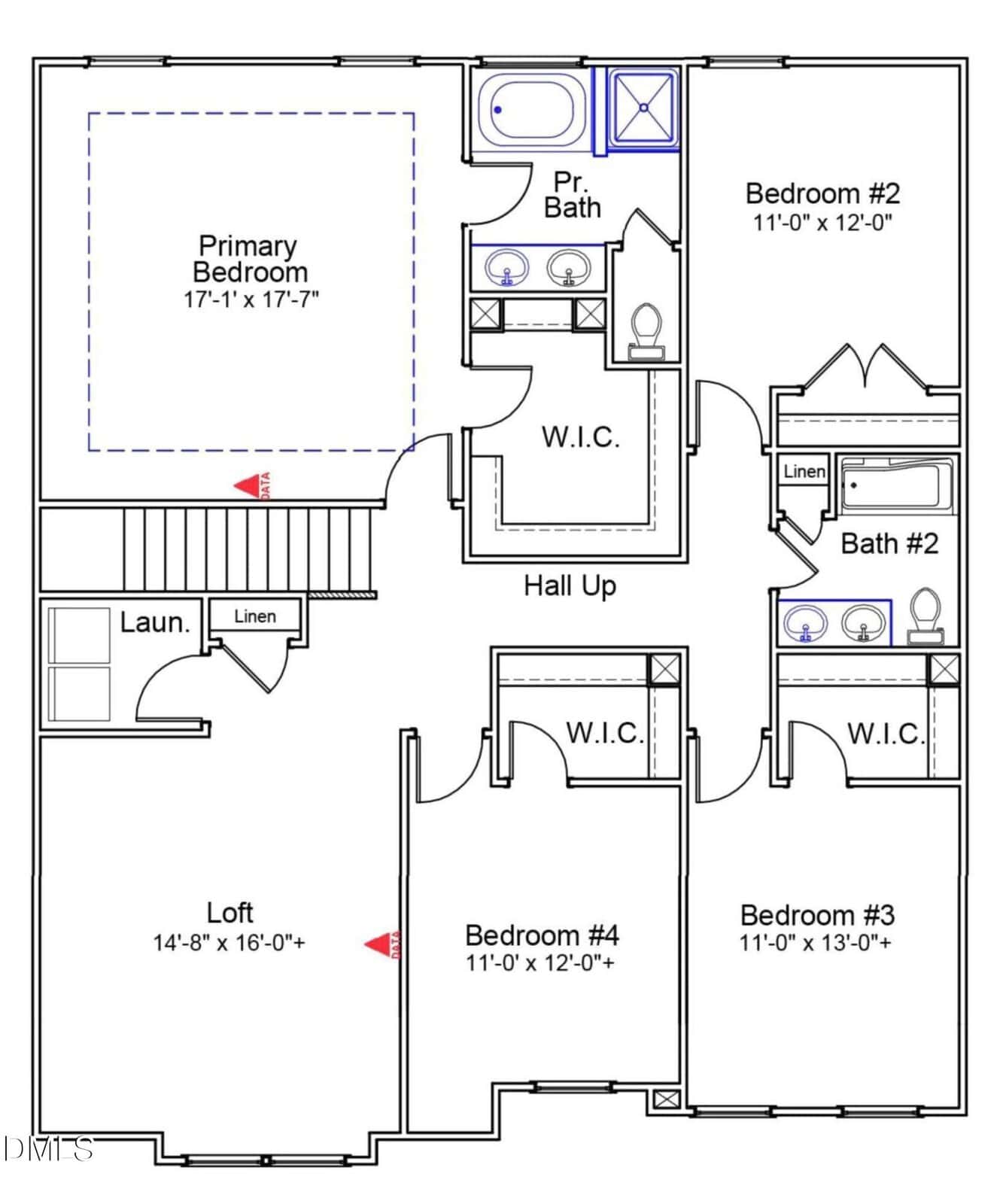 Second floor layout of a house showing four bedrooms, a loft, two full bathrooms, one half bath, three walk-in closets, laundry area, linen closets, and labeled room dimensions.