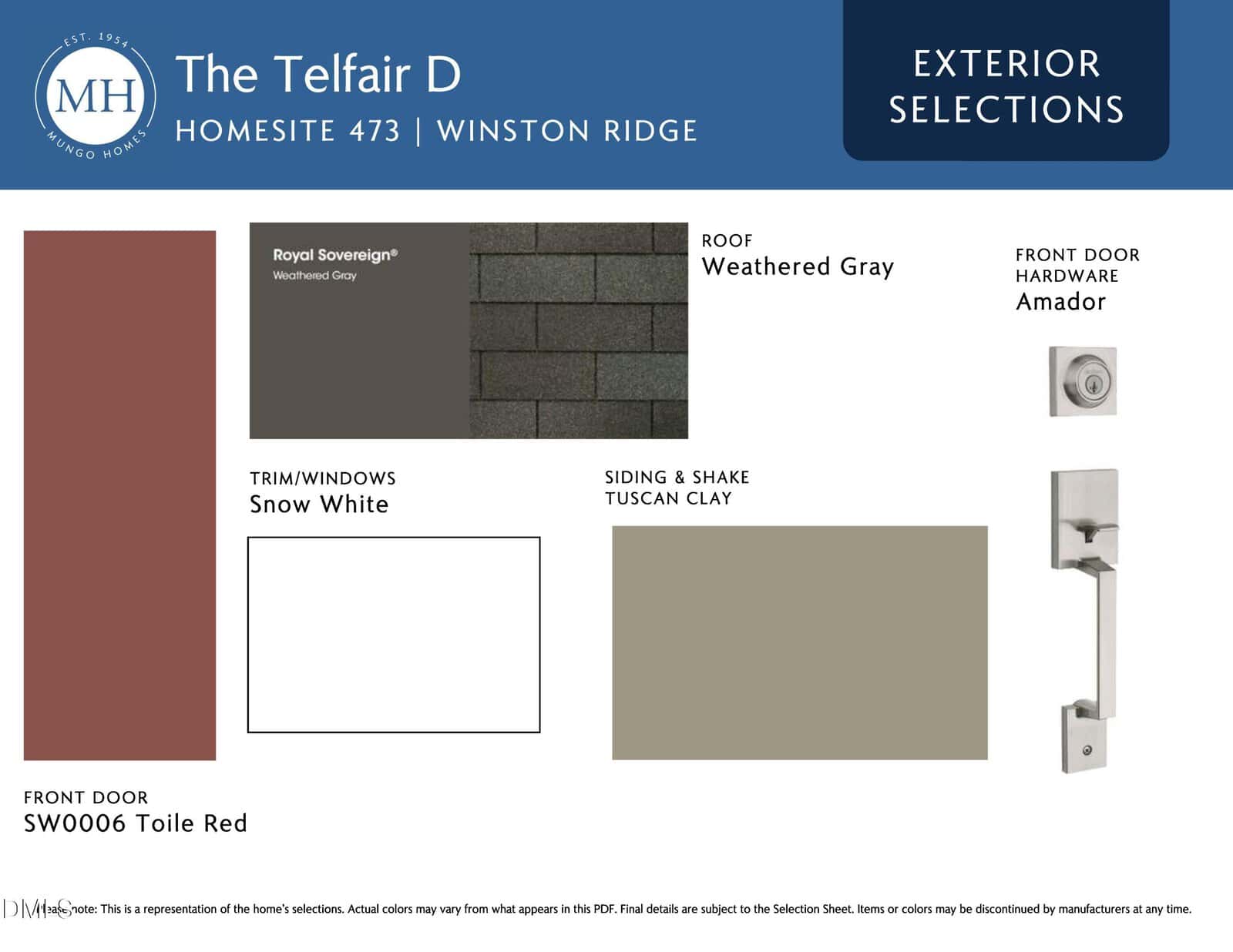 A selection board showing exterior options for The Telfair D: Toile Red front door, Snow White trim/windows, Tuscan Clay siding & shake, Weathered Gray roof, and Amador front door hardware.