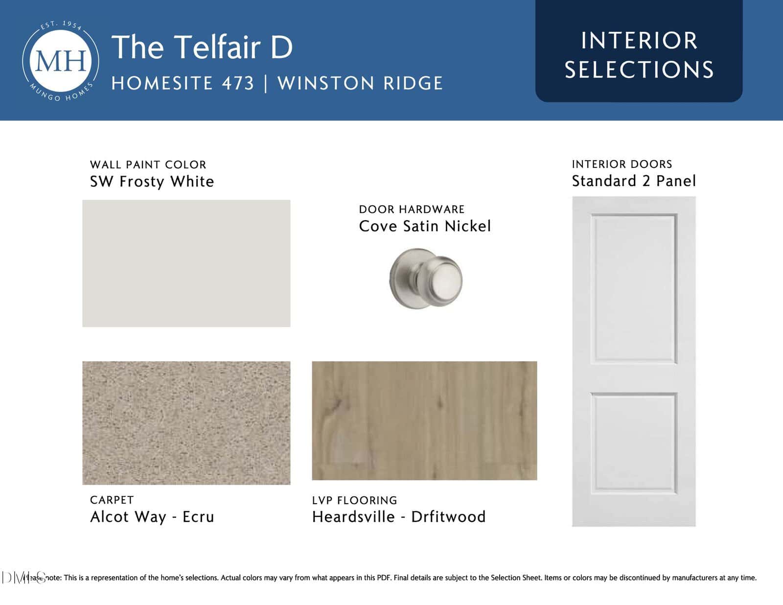 Interior selections board for The Telfair D, Homesite 473, showing SW Frosty White wall paint, Cove Satin Nickel door hardware, 2-panel interior doors, Alcott Way Ecru carpet, and Heardsville Driftwood LVP flooring.