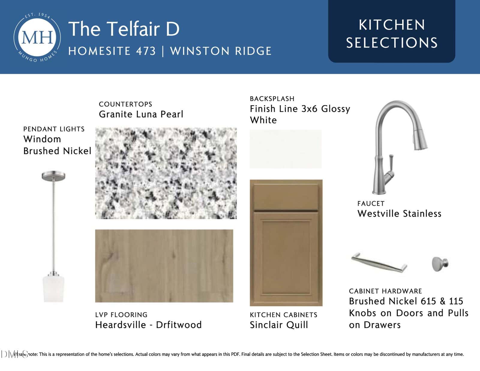 Design board for a kitchen featuring brushed nickel pendant lights and faucet, granite Luna Pearl countertops, 3x6 glossy white backsplash tile, driftwood LVP flooring, Sinclair Quill cabinet finish, and brushed nickel hardware.