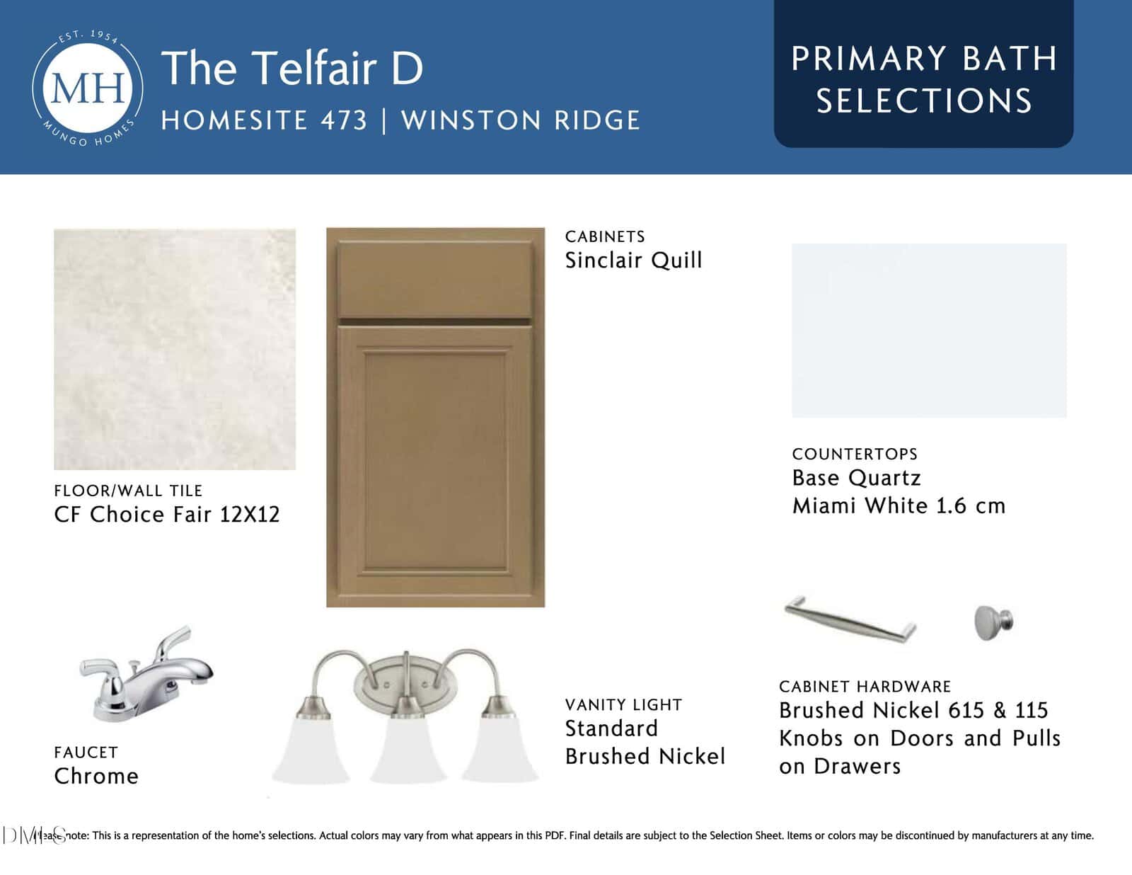 Primary bath selections for The Telfair D home, featuring a light brown Sinclair Quill cabinet, white CF Choice Fair 12x12 floor/wall tile, Miami White 1.6 cm quartz countertop, chrome faucet, and brushed nickel lighting and hardware.