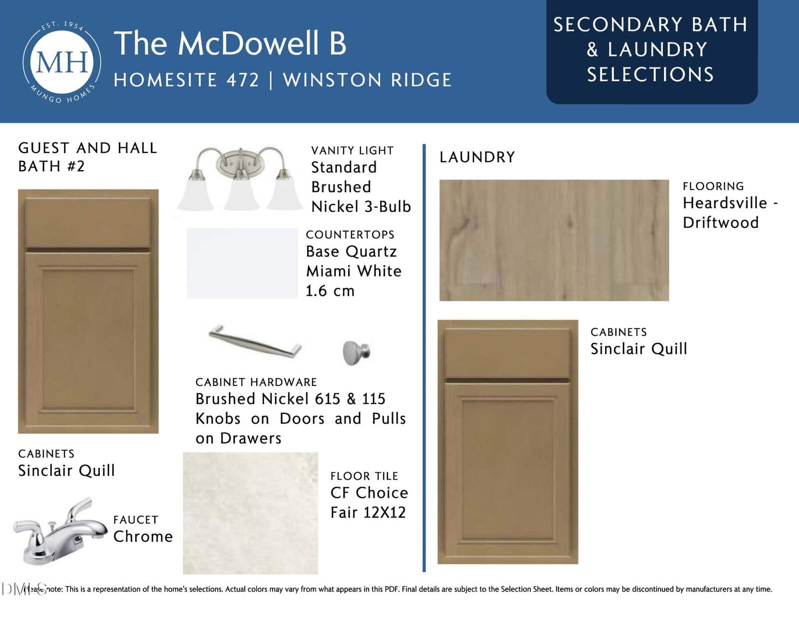 A design board showing selections for a secondary bath and laundry: includes cabinet colors, light fixture, faucet, brushed nickel hardware, base quartz countertop, Heardsville Driftwood flooring, and 12x12 tile floor.