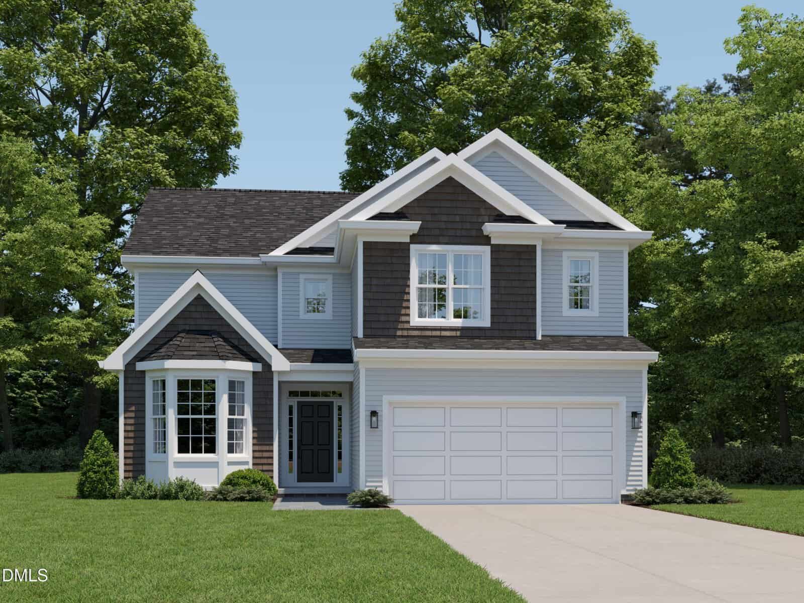 Charming two-story suburban house in Youngsville at 590 Long View Drive, featuring gray siding, dark shingle detailing, white trim, and a double garage. Neatly trimmed grass, small shrubs, and tall green trees surround the home.