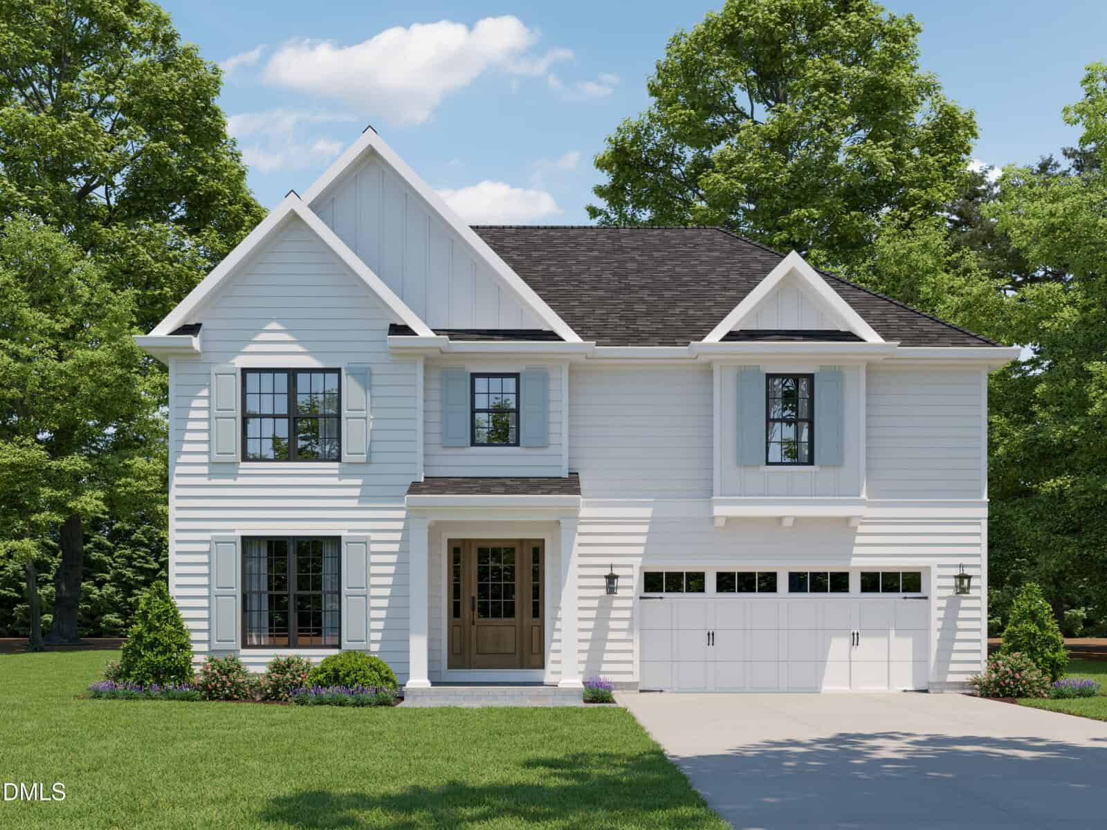 Two-story modern white house with black roof, multiple large windows, and a double garage at 45 Point View Way, Franklinton. Enjoy the covered front porch and lush green yard surrounded by tall trees under a blue sky with clouds.