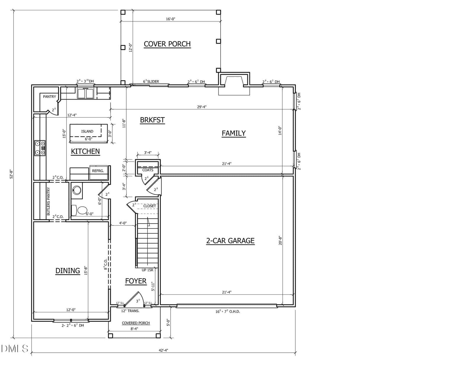 Black and white floor plan of a house's main level, showing a 2-car garage, family room, breakfast area, kitchen, dining room, foyer, pantry, powder room, and covered porch. Stairs and key dimensions are also labeled.